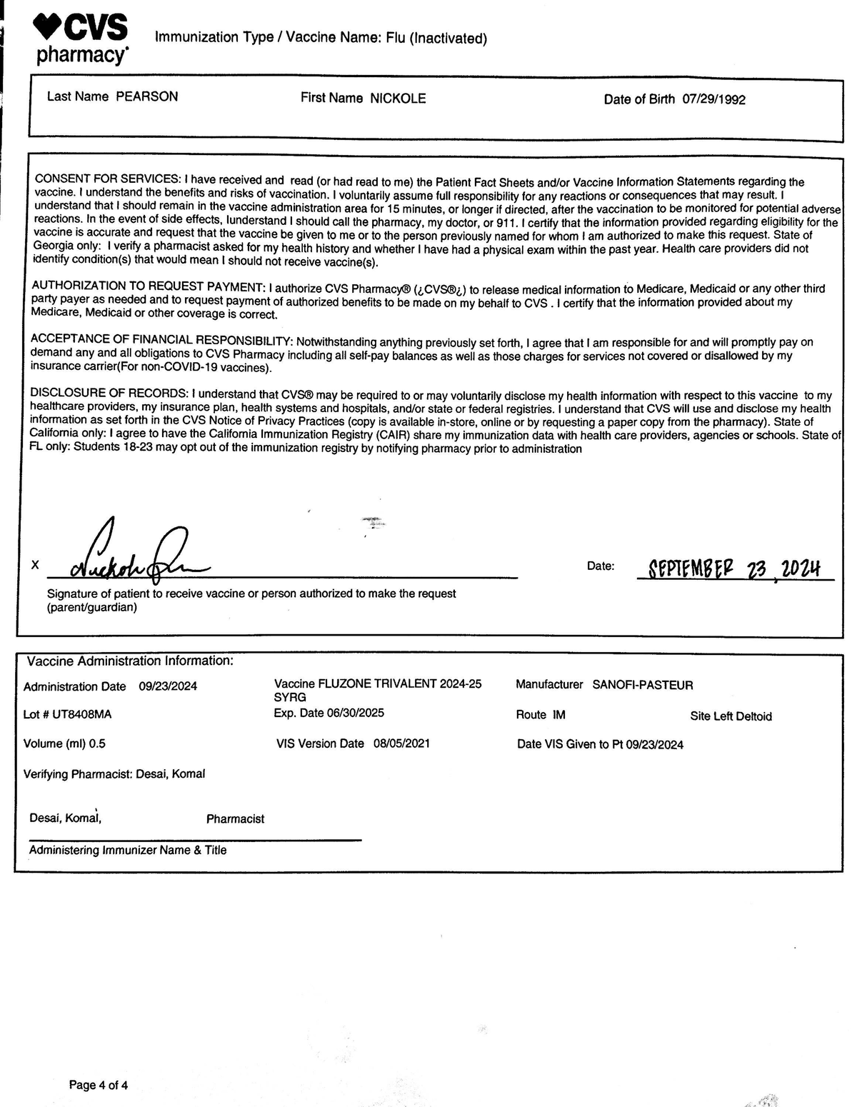 CVS Flu Vaccine Consent Form - PEARSON, NICKOLE - Studocu