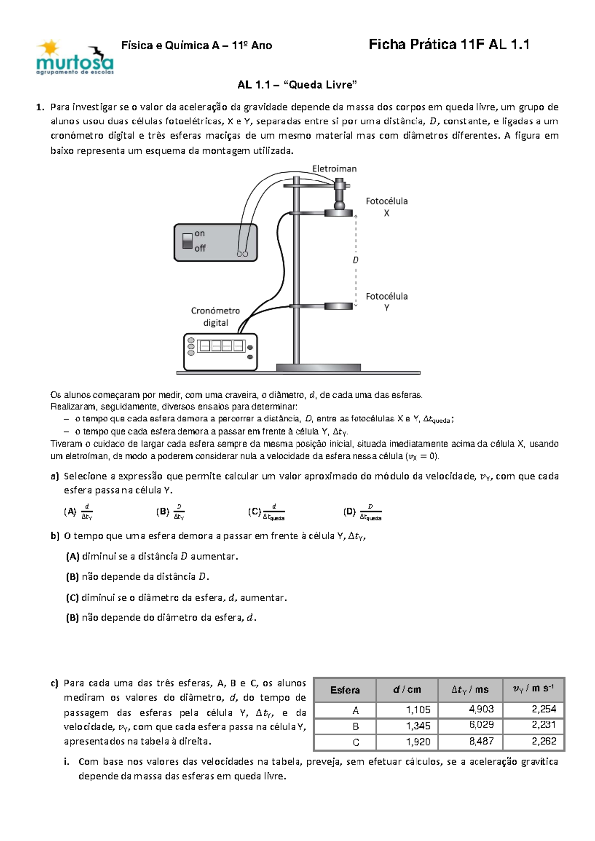 11F AL 1.1 - 11F Ficha Prática - Física e Química A - 11 º Ano Ficha ...