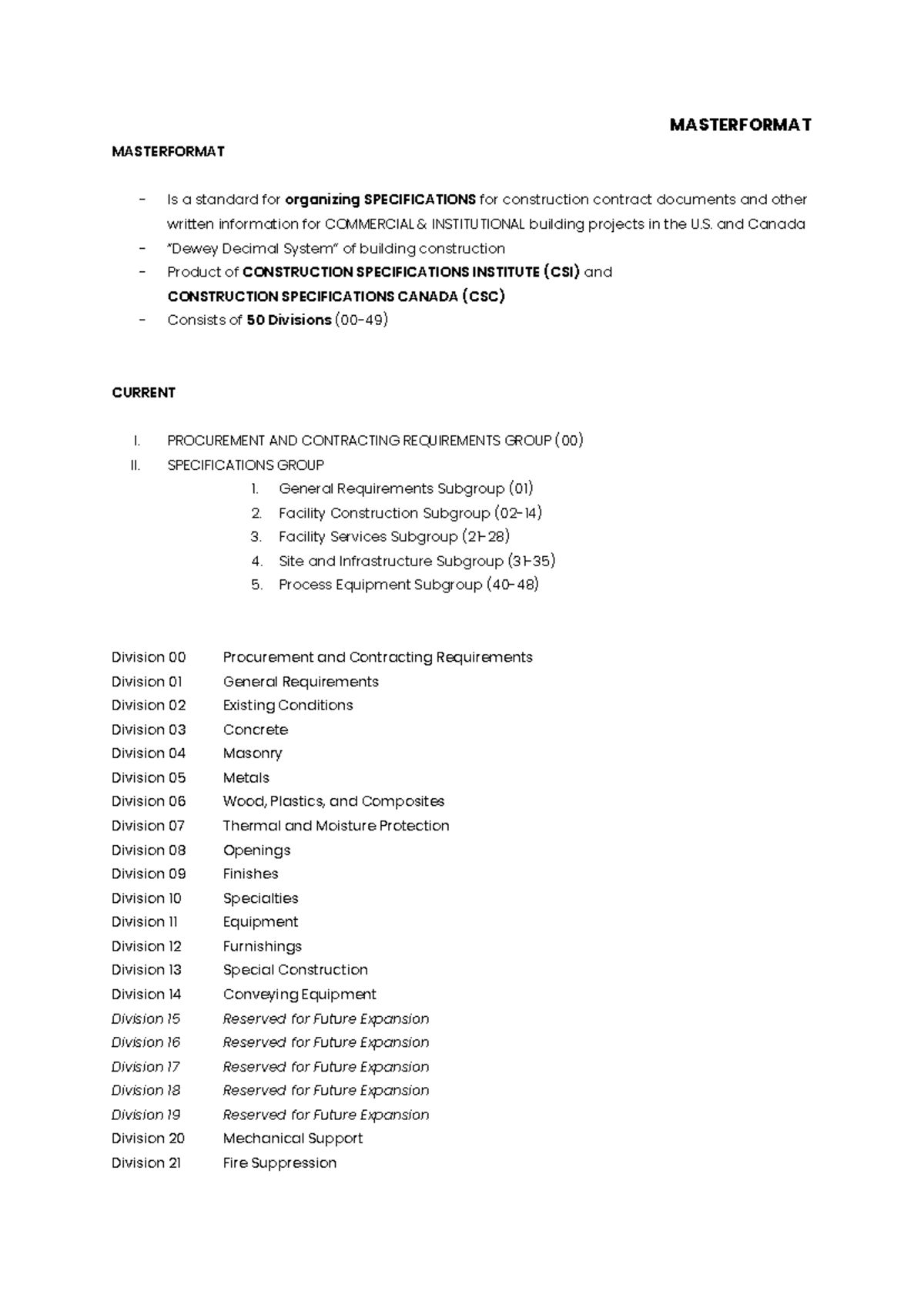 Masterformat - MASTERFORMAT MASTERFORMAT Is a standard for organizing ...