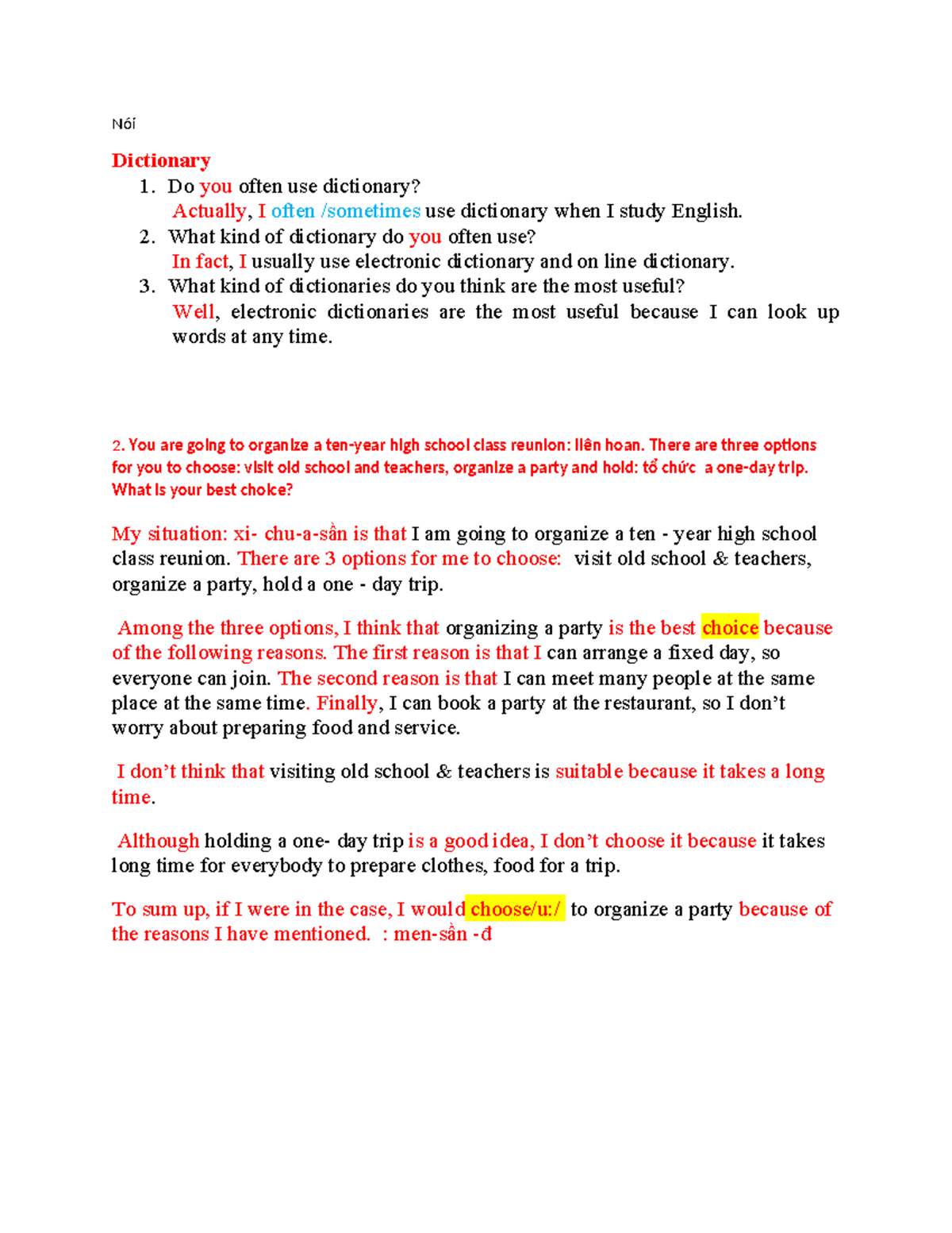 Nói Dictionary & Class Reunion Planning: A Study Guide - Studocu