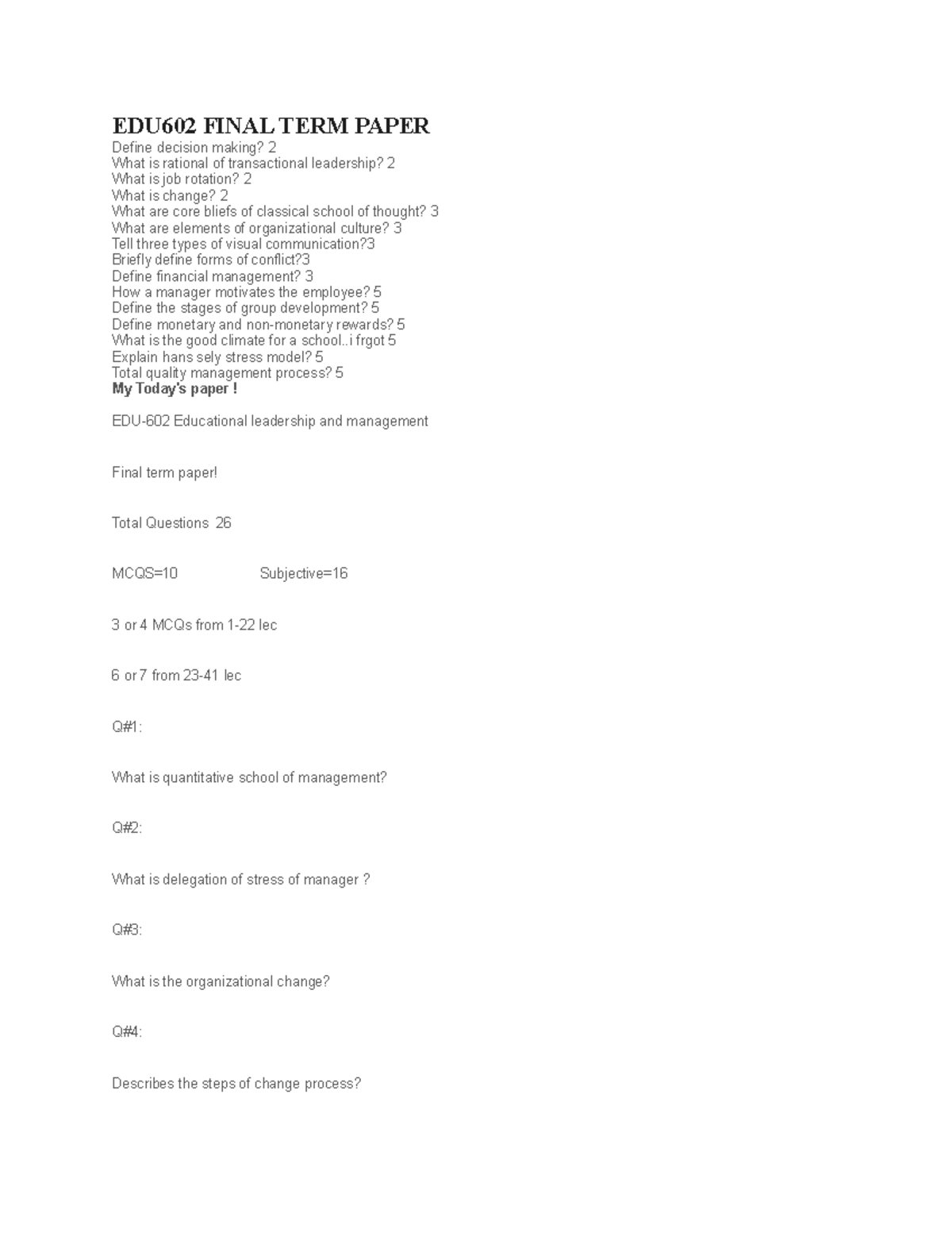 EDU602 Final Term Paper: Key Concepts in Educational Leadership - Studocu