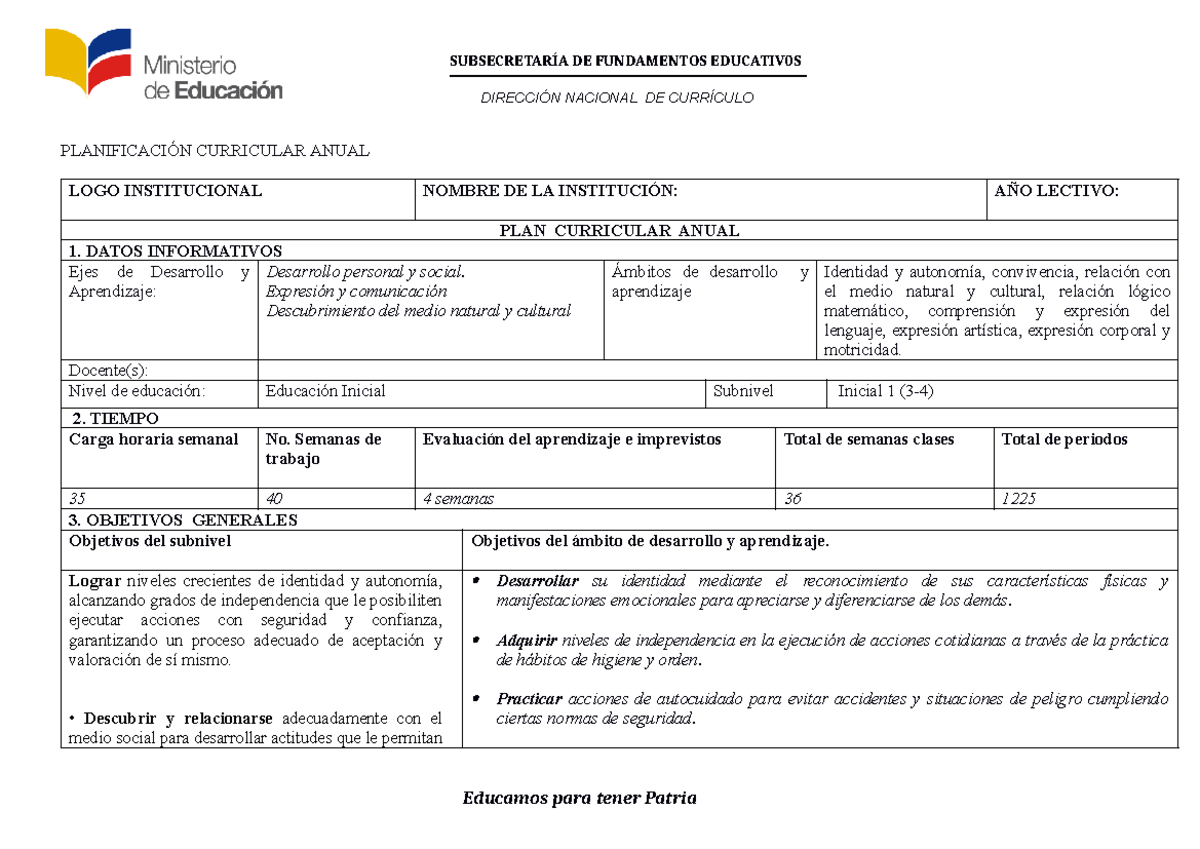 Plan Curricular Anual Inicial 1 - PCA-1: Desarrollo y Aprendizaje - Studocu