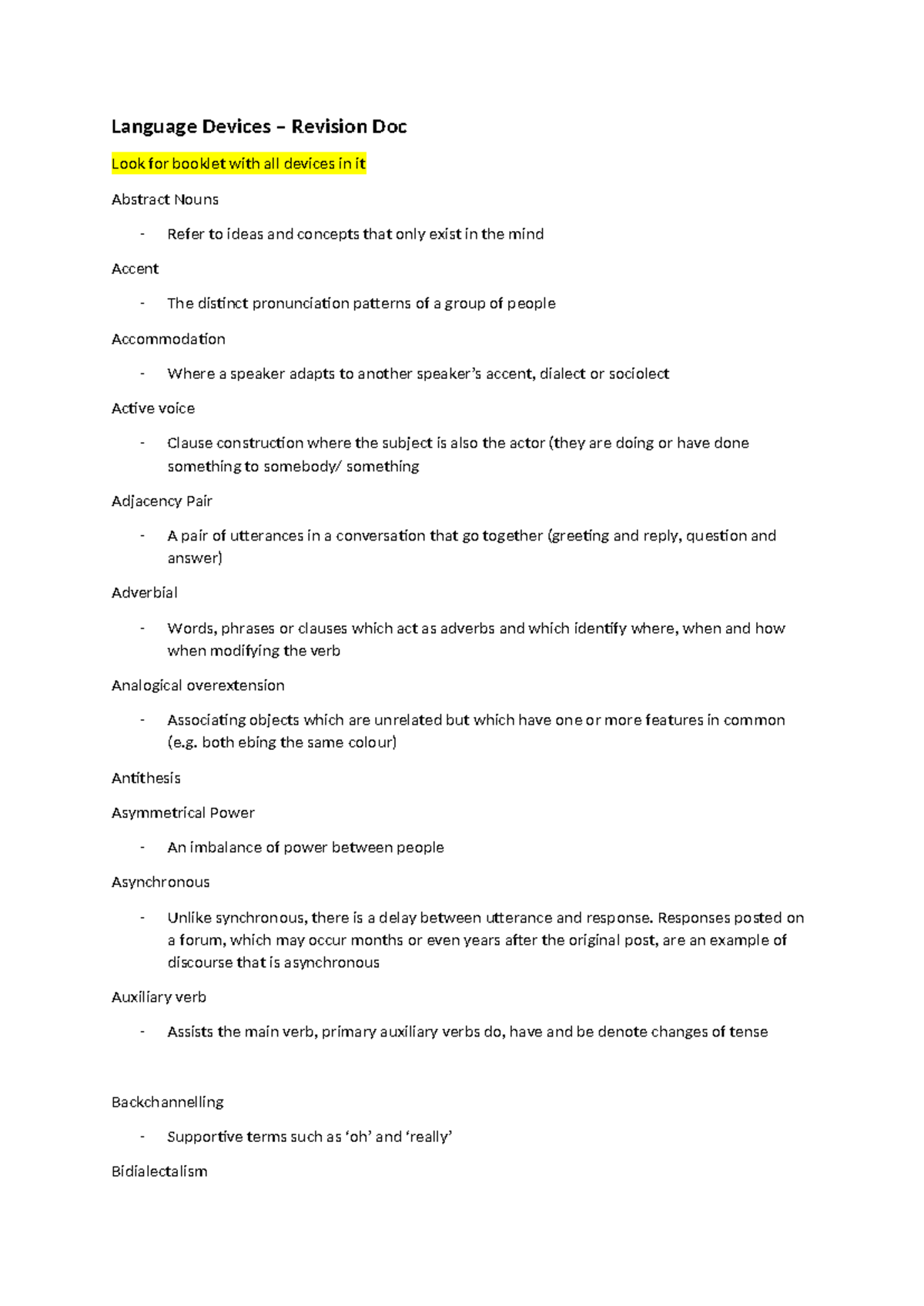 Language Devices Revision Notes for English 101 - Studocu