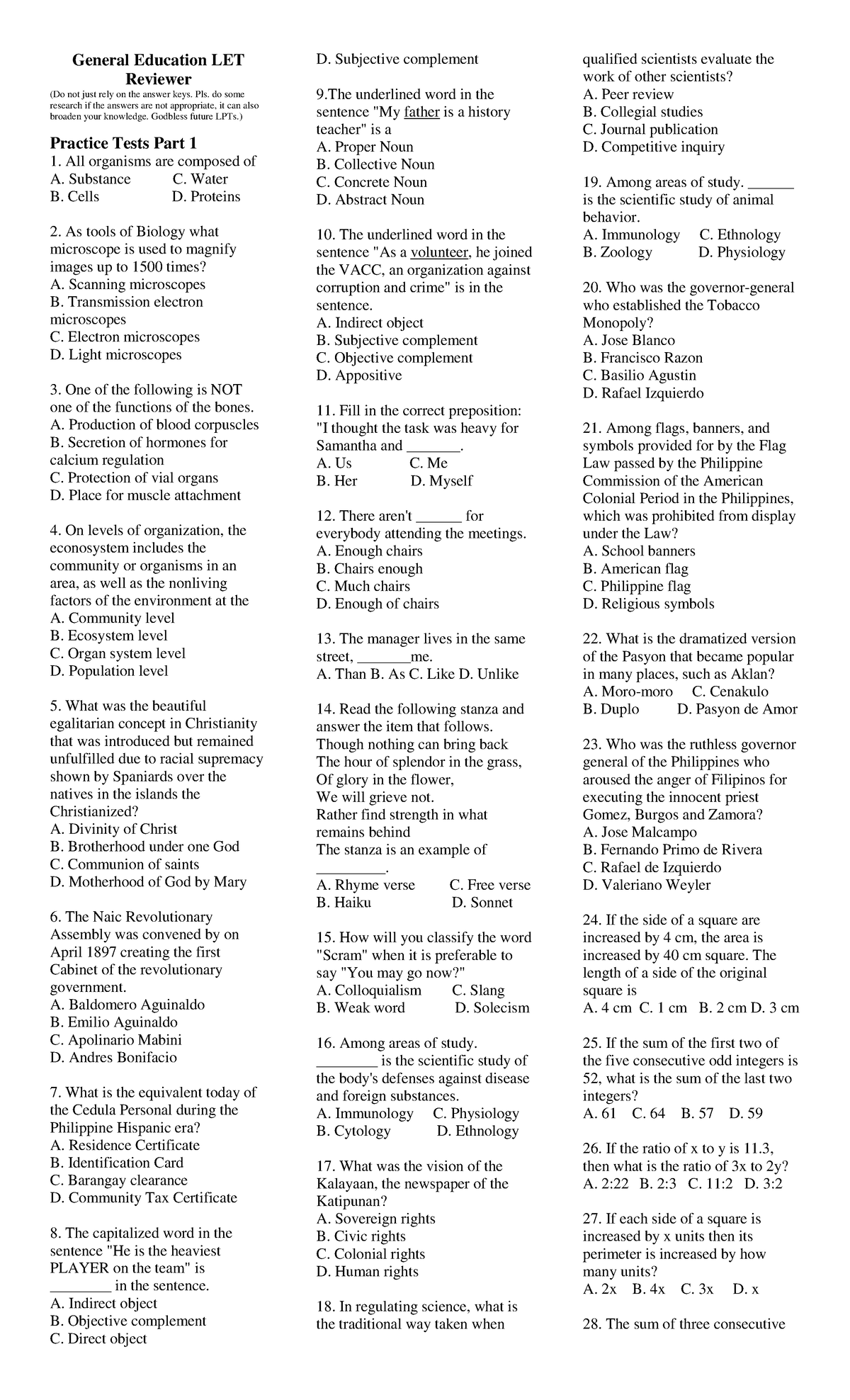 General Education LET Reviewer: Practice Tests Part 1 & 2 - Studocu