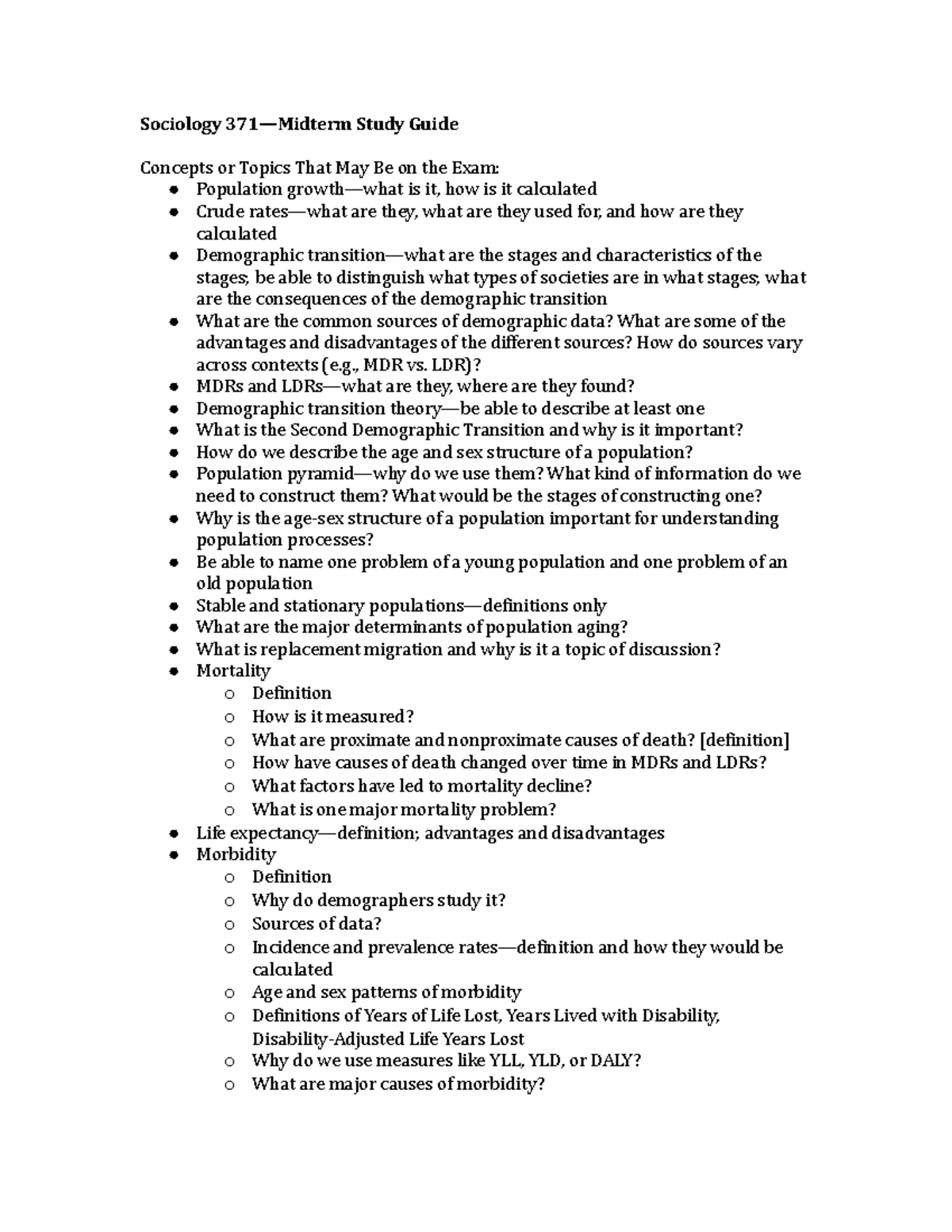 Sociology 371—Midterm Exam Study Guide 2022: Key Concepts & Topics ...