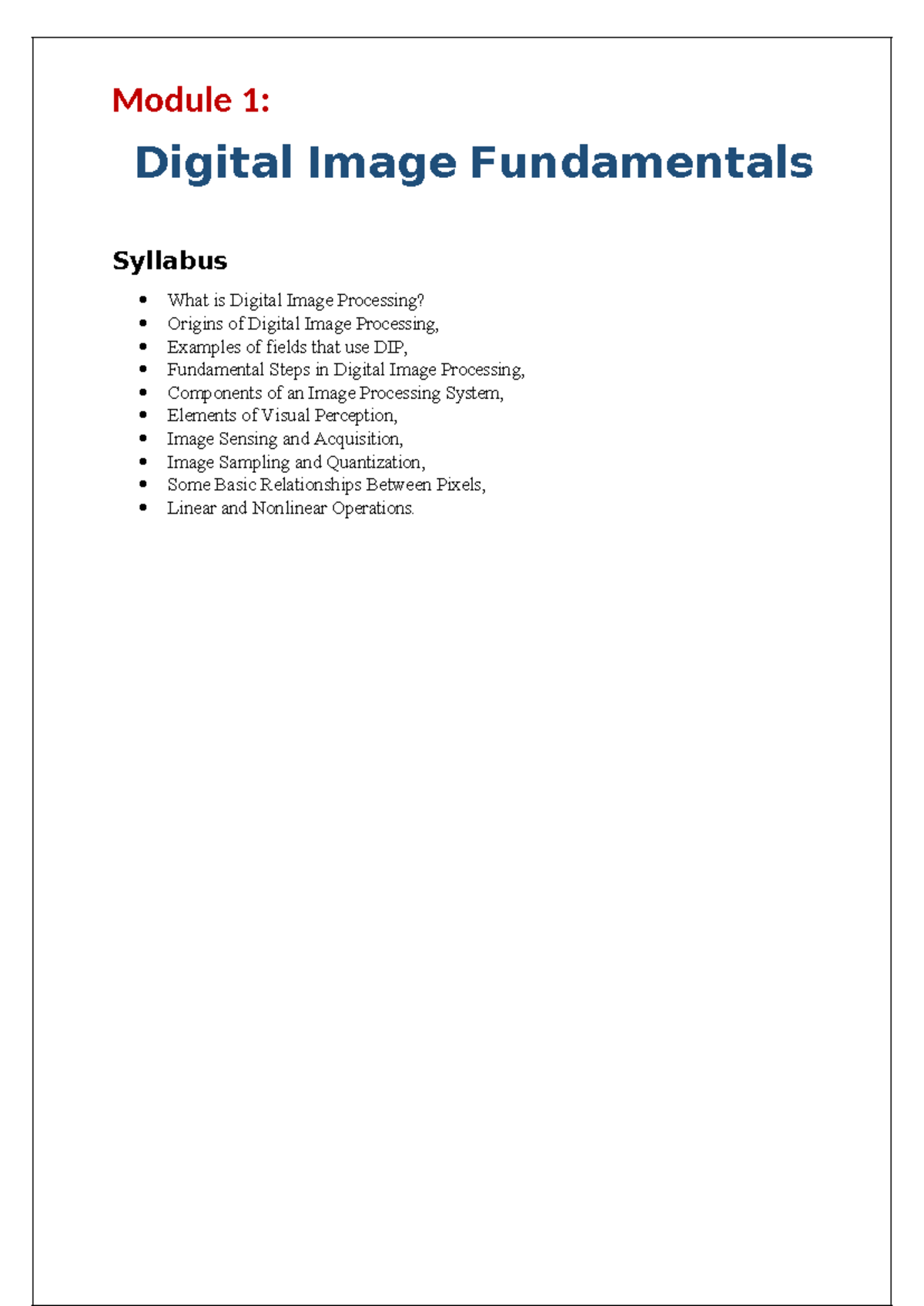 Module 1: Digital Image Processing Fundamentals - Notes - Studocu