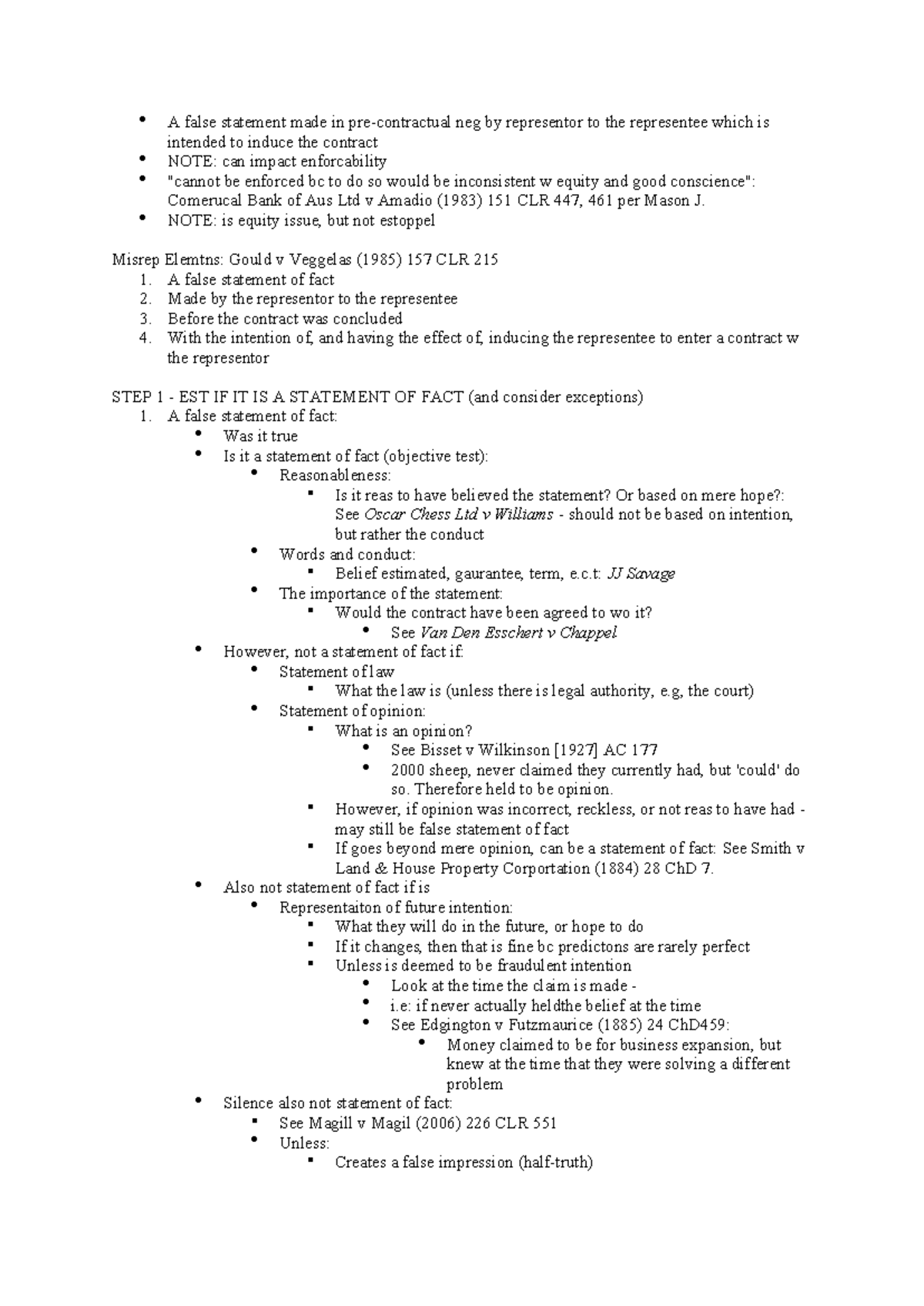 Week 8 Lecture Notes - LLB 202: Misrepresentation Elements and Case Law ...