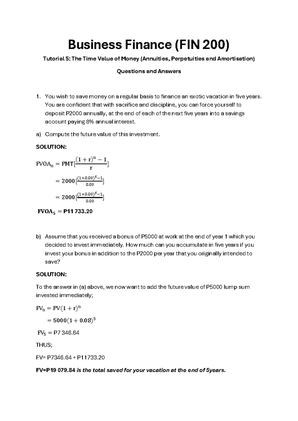 Business Finance (FIN 200) Tutorial 5: Time Value of Money Q&A - Studocu