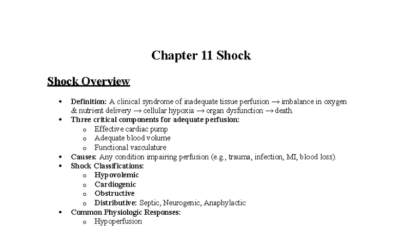 Chapter 11 Shock: Overview, Causes, and Management Notes - Studocu