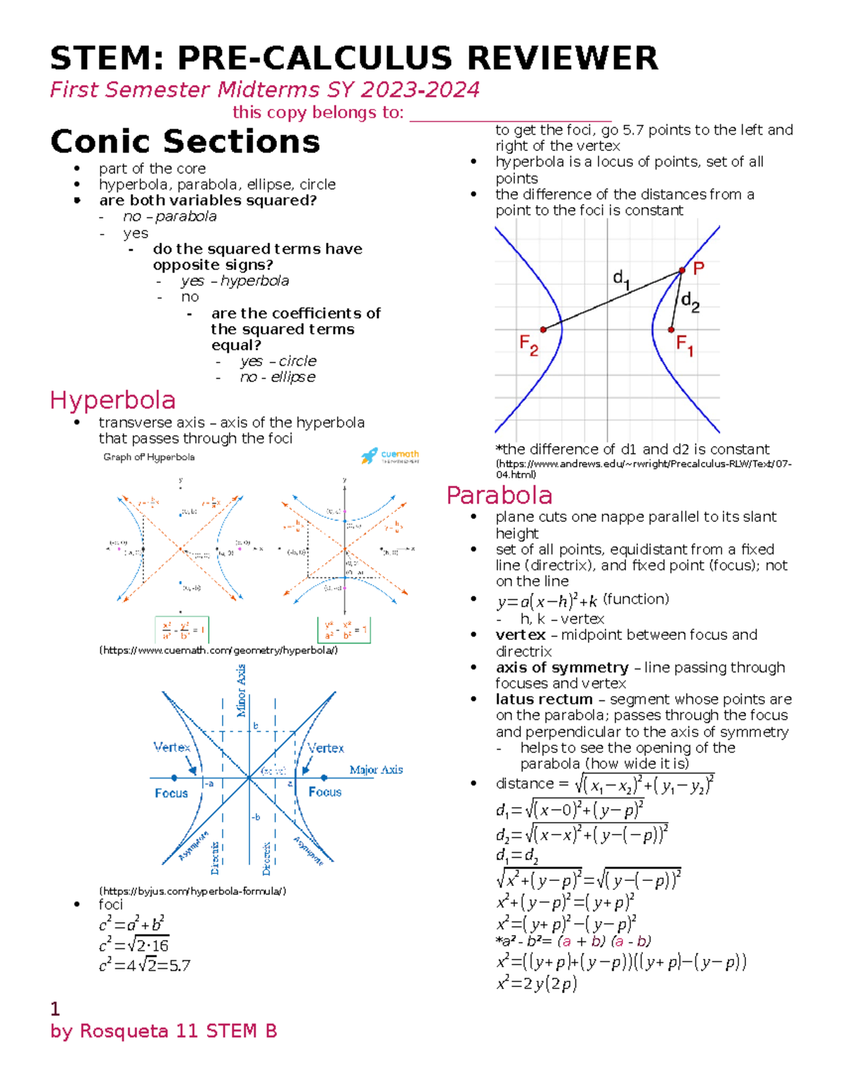 Precalculus - Conic Sections Notes for First Semester Midterms - Studocu