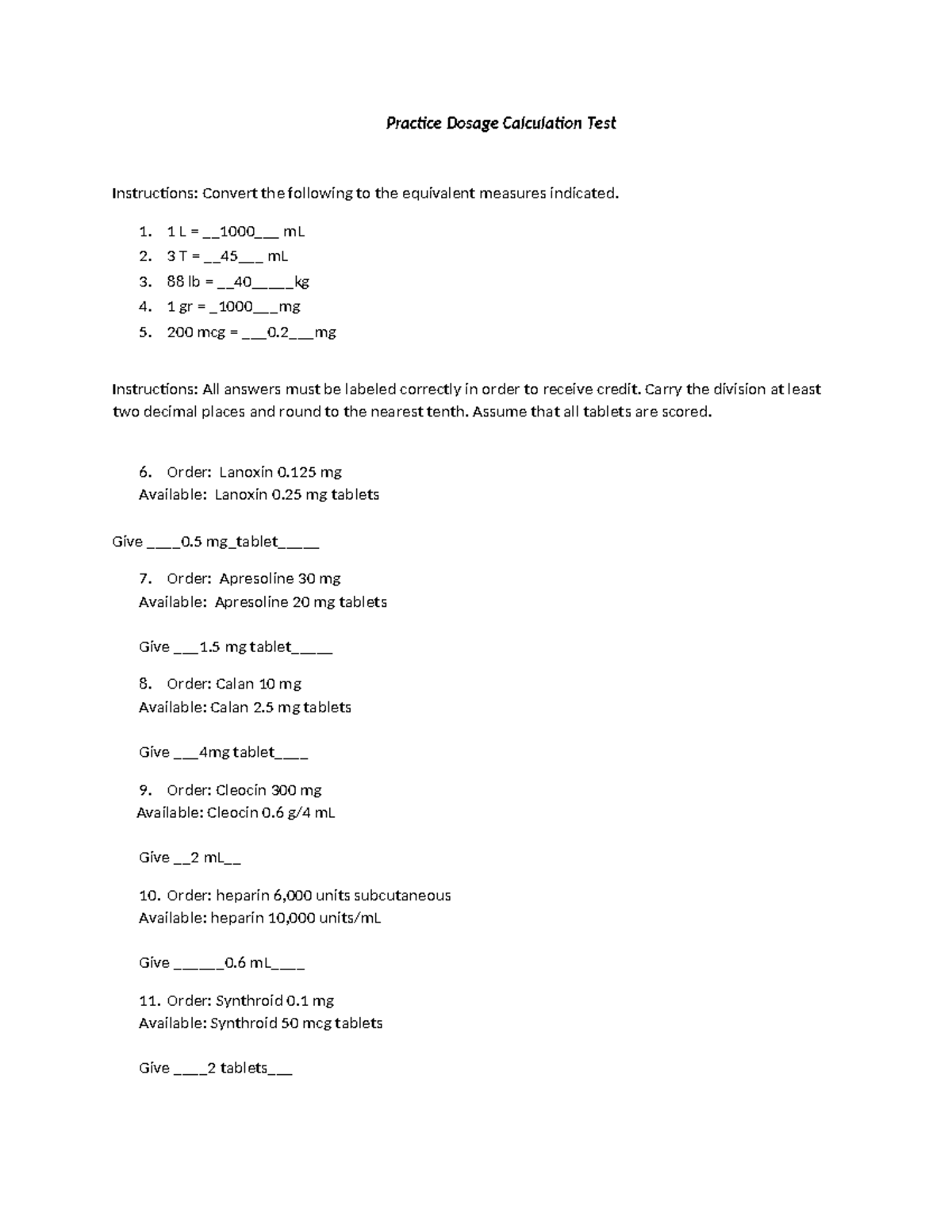 Practice Dosage Calculation Test Instructions (Course Code: 1) - Studocu