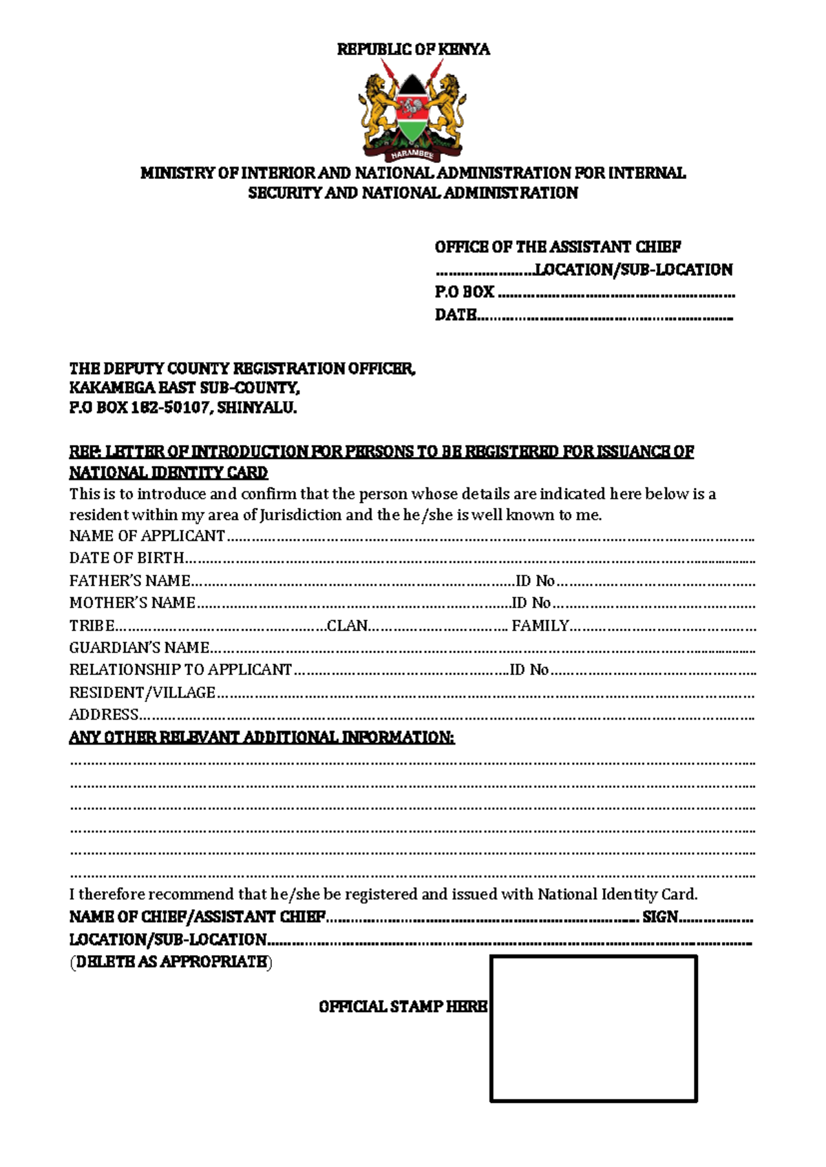 National Identity Card Issuance: Introduction Letter Template - Studocu