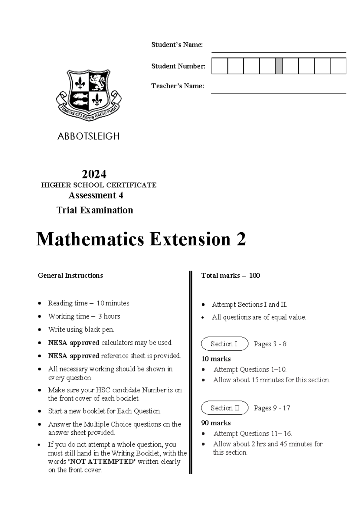 2024 Abbotsleigh School - X2 - Trial Math Ext 2 Exam Questions - Studocu
