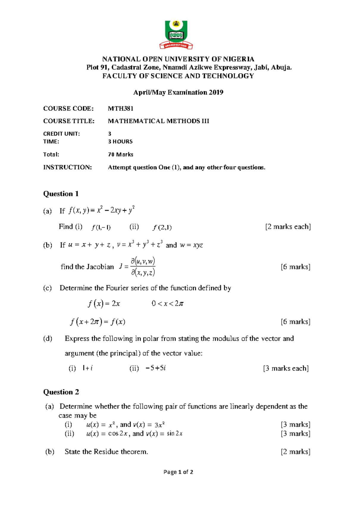 MTH381 - Mathematical Methods Exam Questions - April 2019 - Studocu