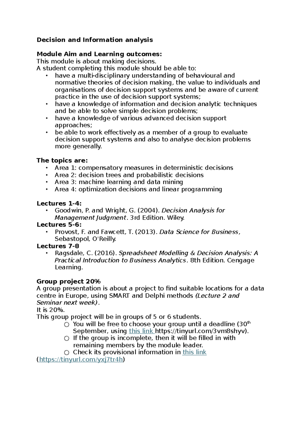Y3 Decision and Information Management: Module Overview and Learning ...