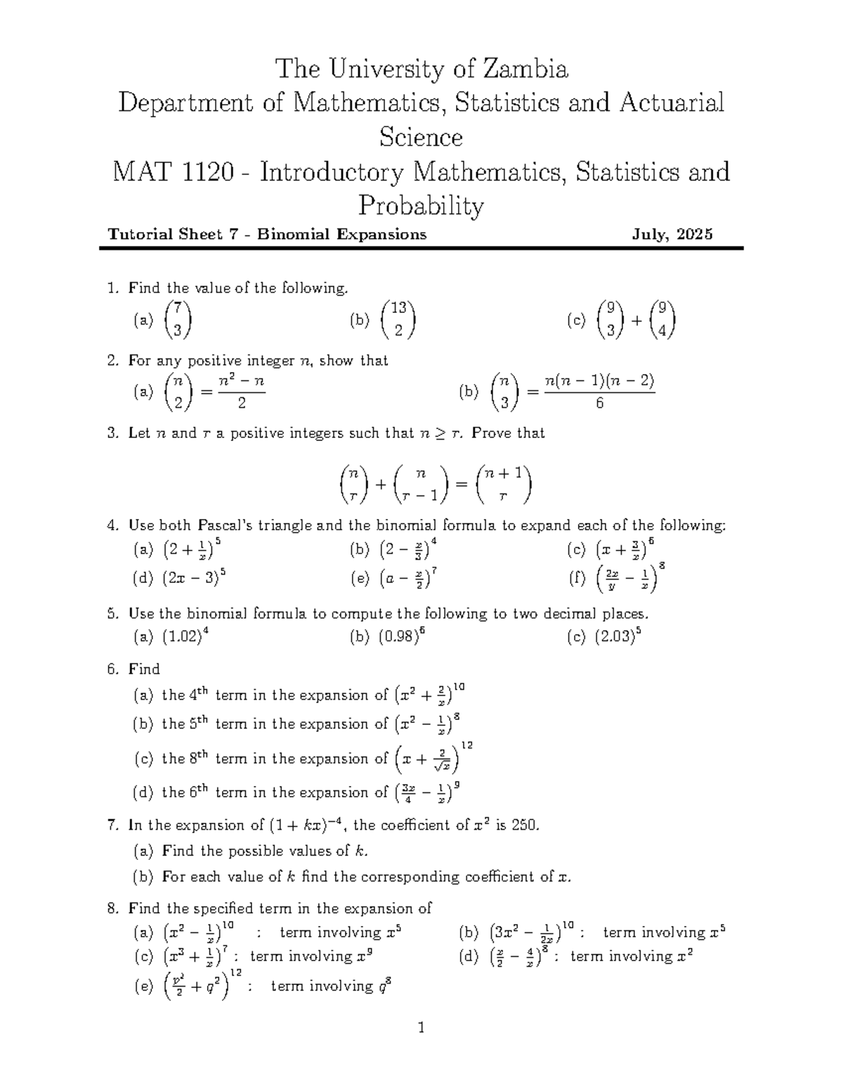 MAT 1120 Tutorial Sheet 7: Binomial Expansions and Proofs - Studocu