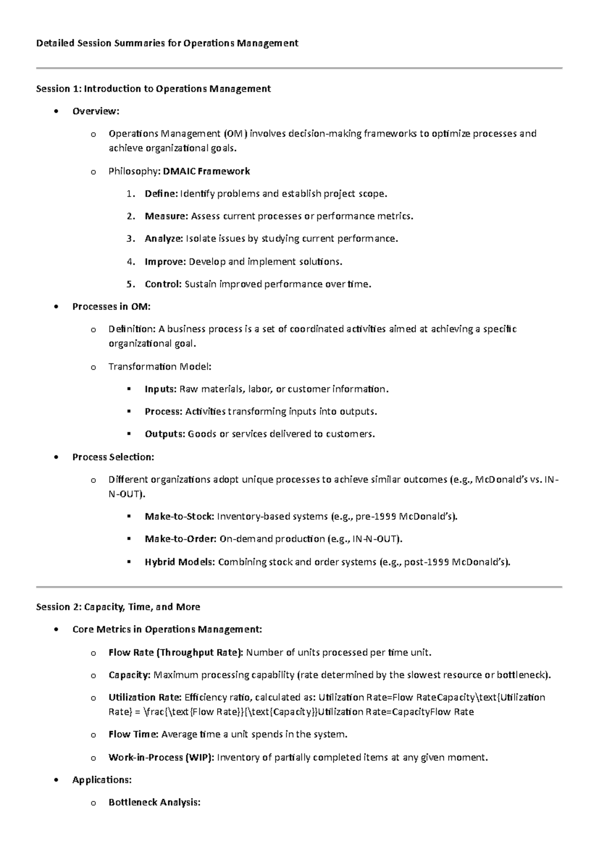 Detailed Session Summaries for Operations Management - o Philosophy ...