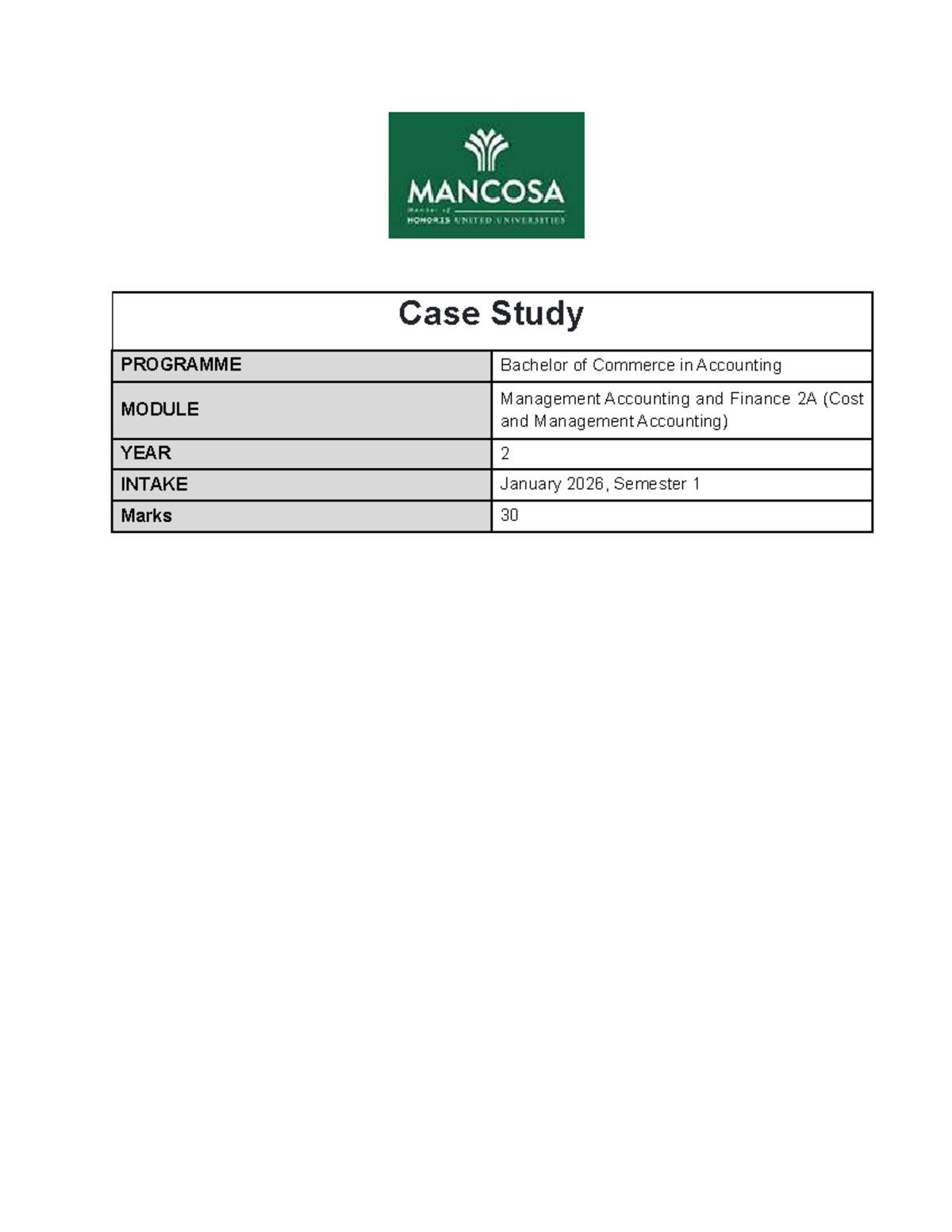Case Study: Management Accounting and Finance 2A - Studocu