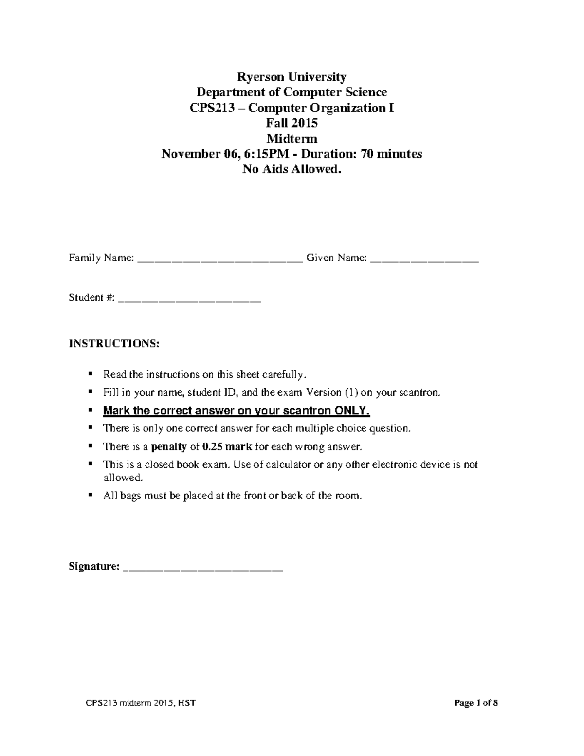 CPS213 Midterm Exam - Computer Organization I, Fall 2015 - Studocu