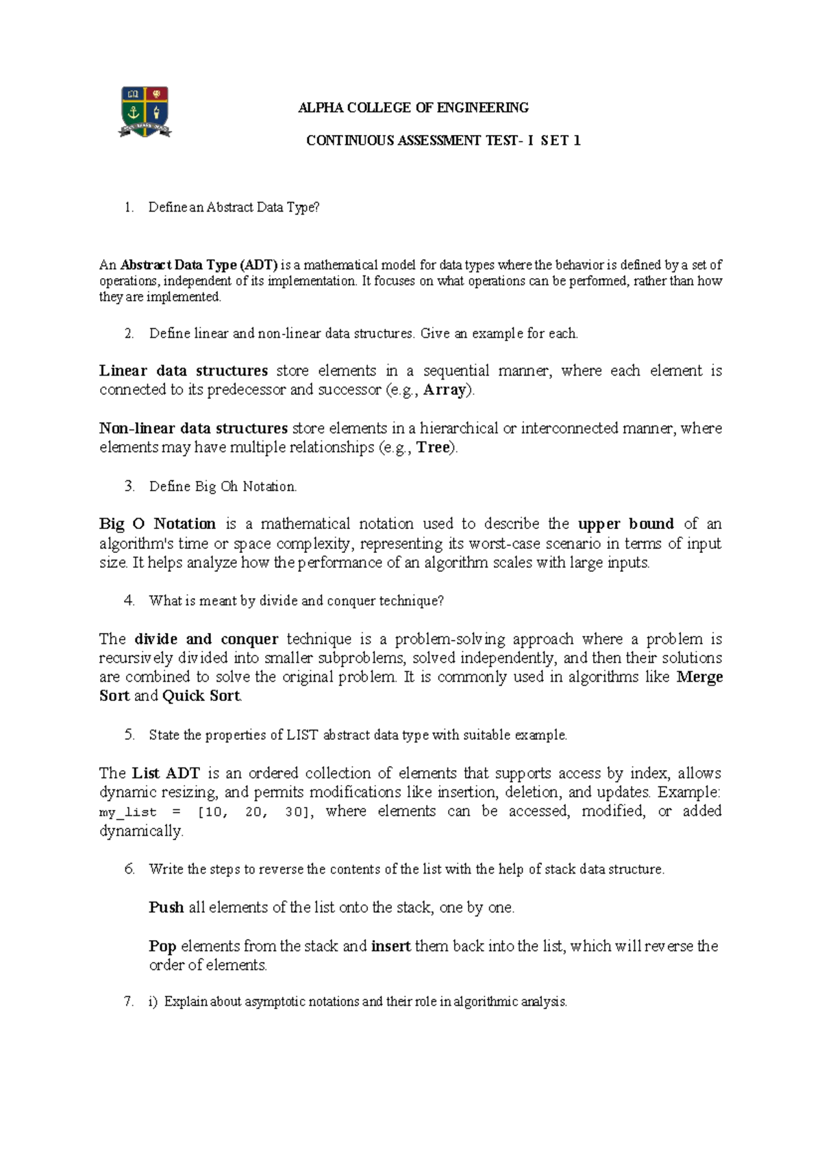 CAT 1 set-1 answer key - dsa - ALPHA COLLEGE OF ENGINEERING CONTINUOUS ...