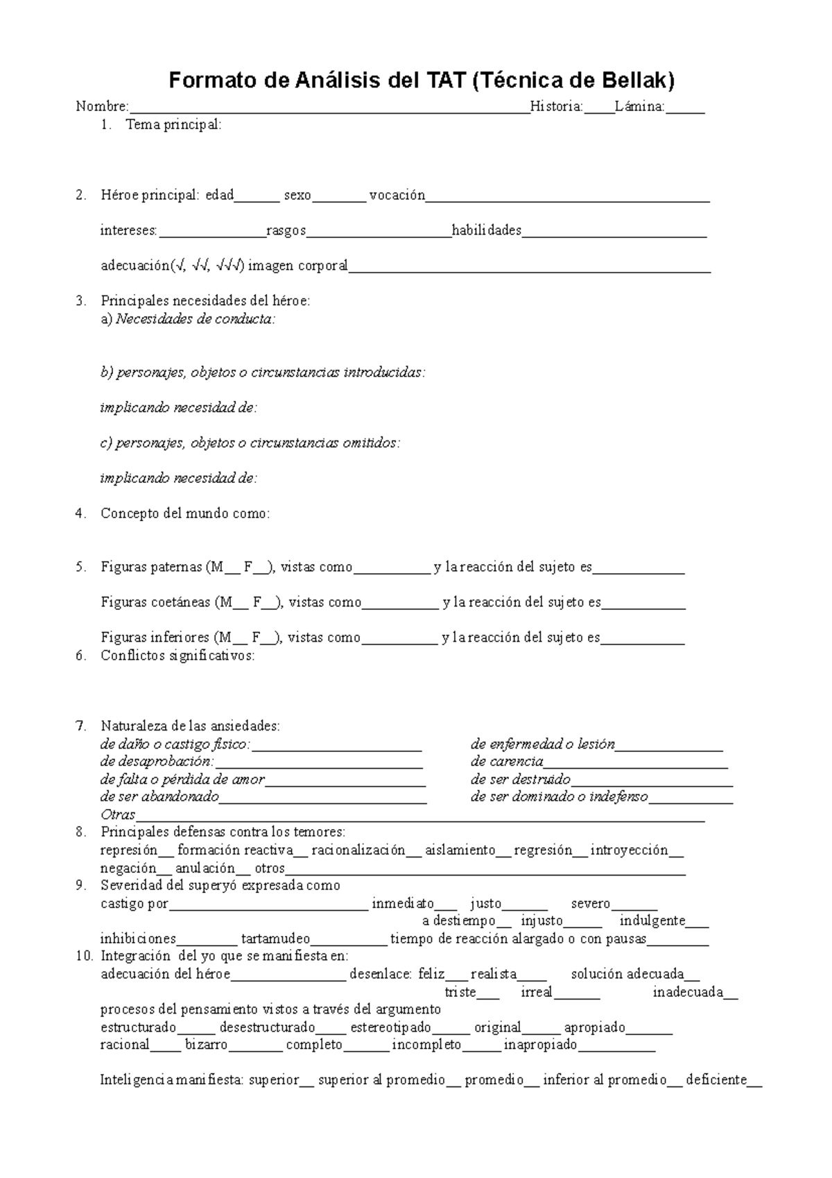 Formato de Análisis del TAT: Técnica de Bellak - Guía Completa - Studocu
