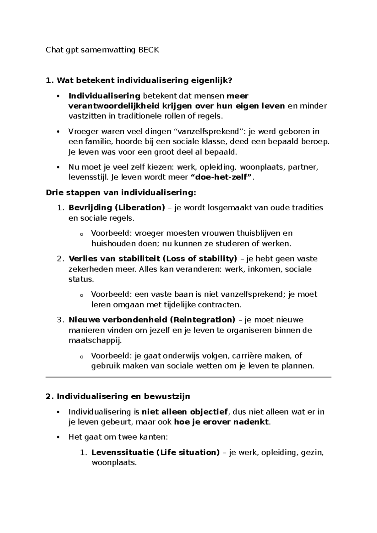 Samenvatting over Individualisering in de Samenleving - BECK - Studeersnel