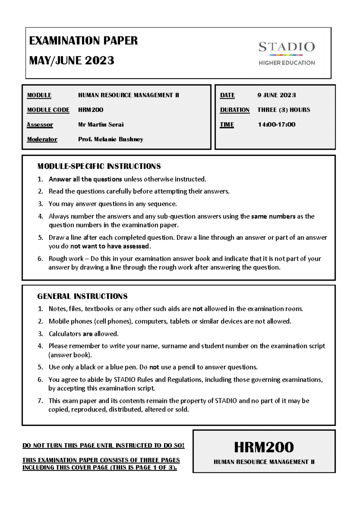 HRM200 - HUMAN RESOURCE MANAGEMENT II FINAL EXAM PAPER - JUNE 2023 ...