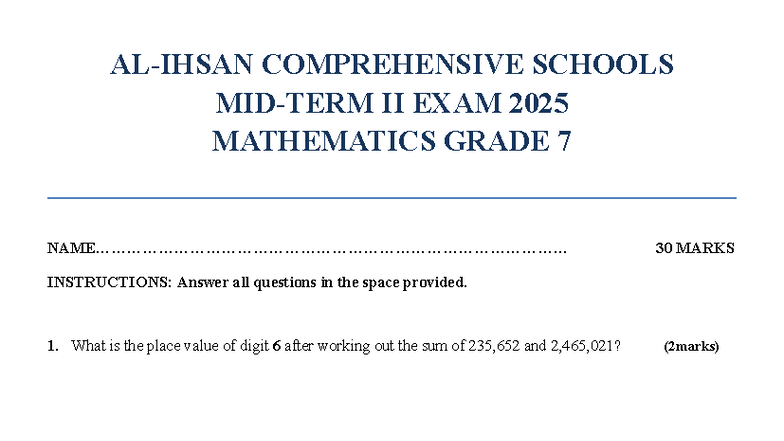 Mathematics Grade 7 Mid-Term 2 Exam 2025 - Comprehensive Questions ...