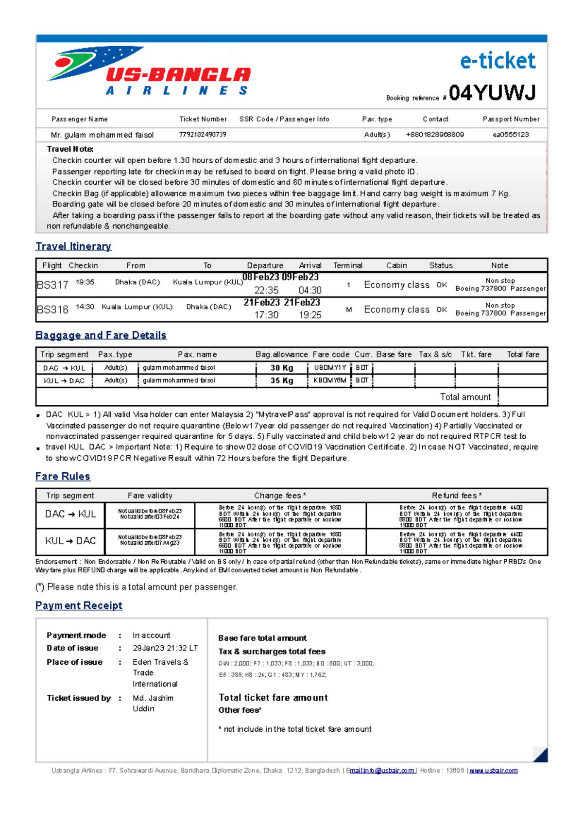 E-Ticket Booking Reference 04YUWJ - Gulam Faisol Travel Details - Studocu