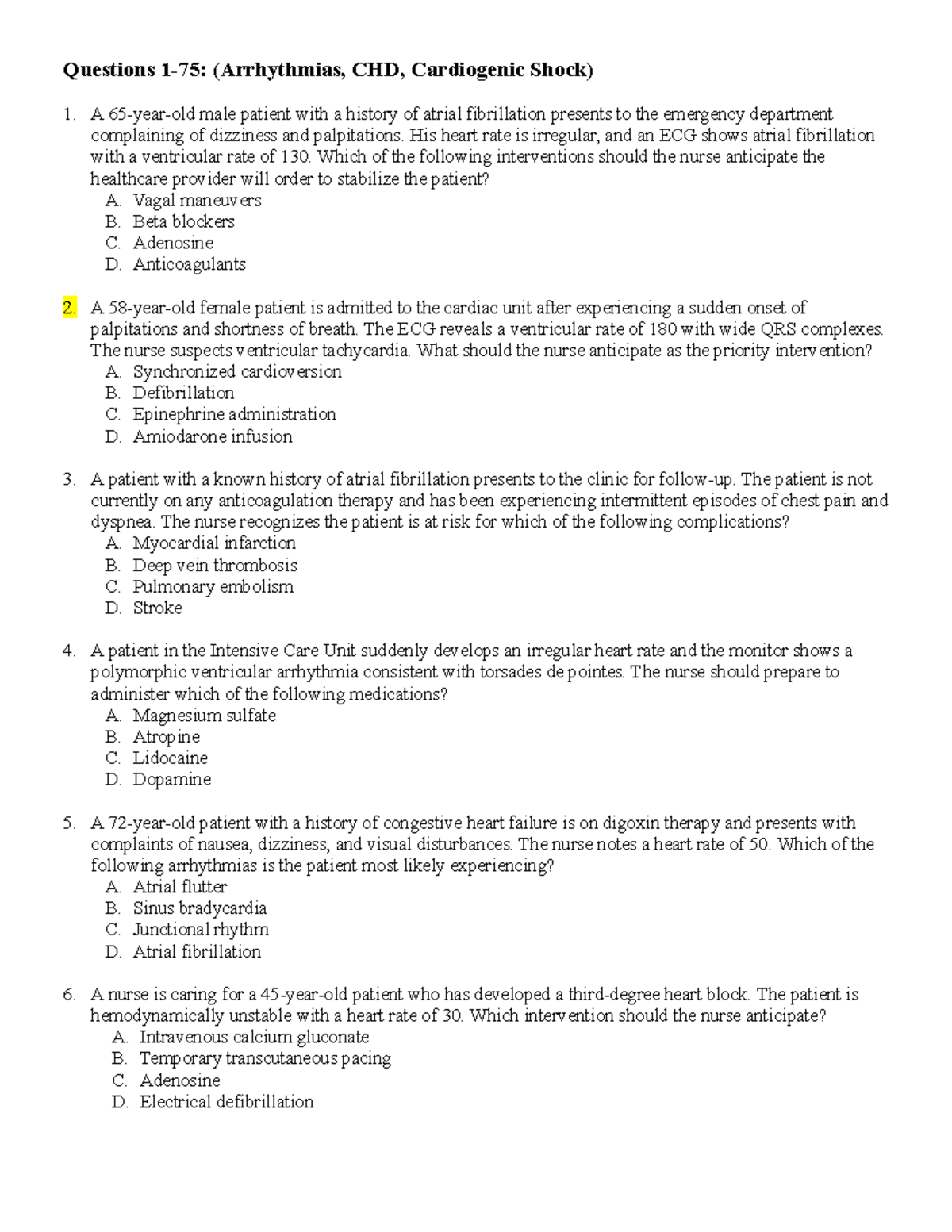 75 Q & A - Arrhythmias, CHD, Cardiogenic Shock Study Guide - Studocu
