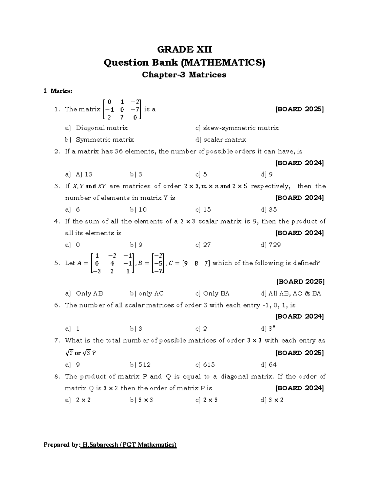 Chapter 3 Matrices Question Bank (GRADE XII) - Studocu