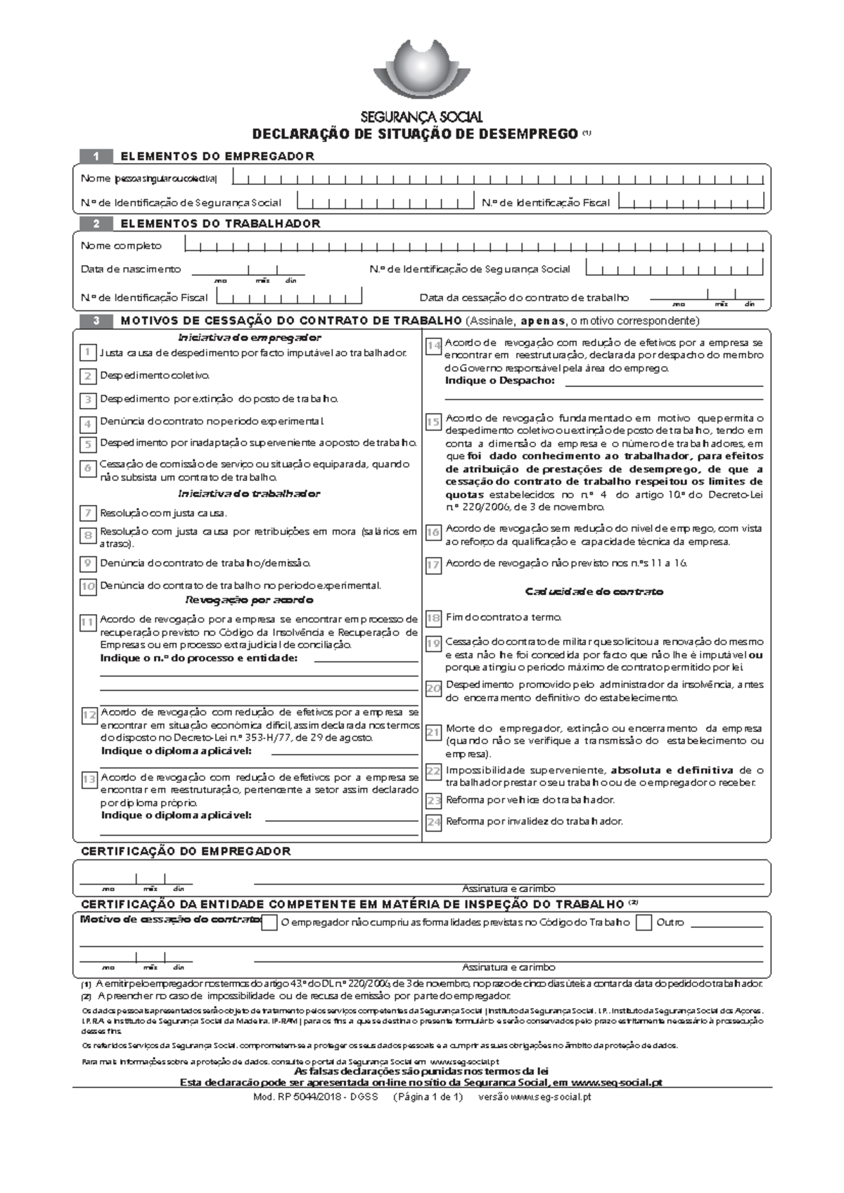 Declaração de Situação de Desemprego - RP 5044 DGSS - Studocu