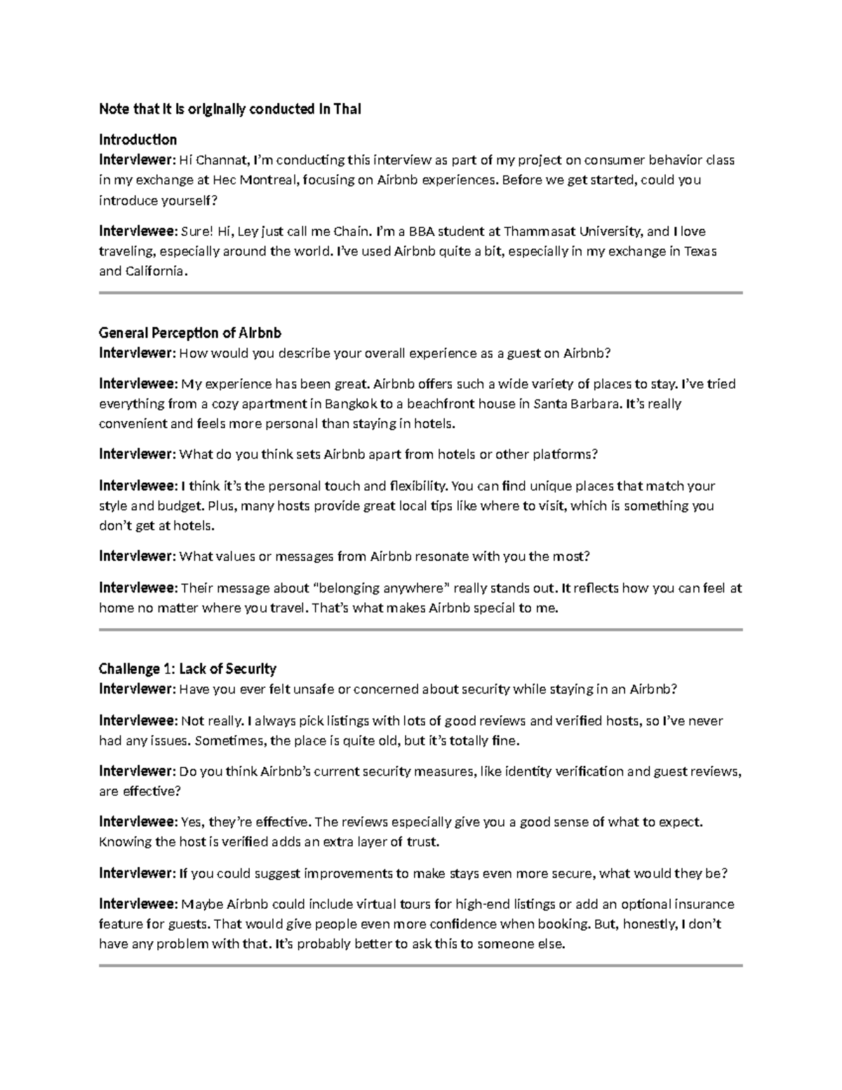 Interview Consumer Behavior - Note that it is originally conducted in ...