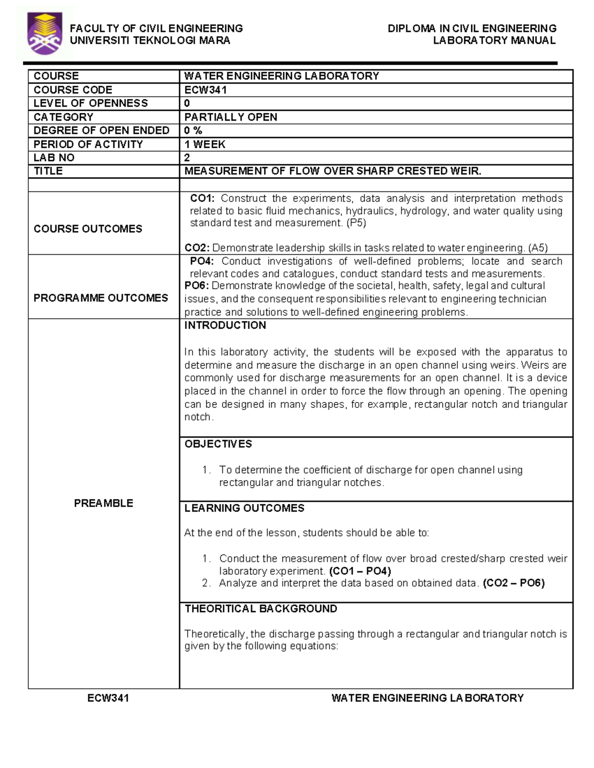 ECW341 WATER ENGINEERING LAB MANUAL: MEASUREMENT OF FLOW OVER WEIRS ...