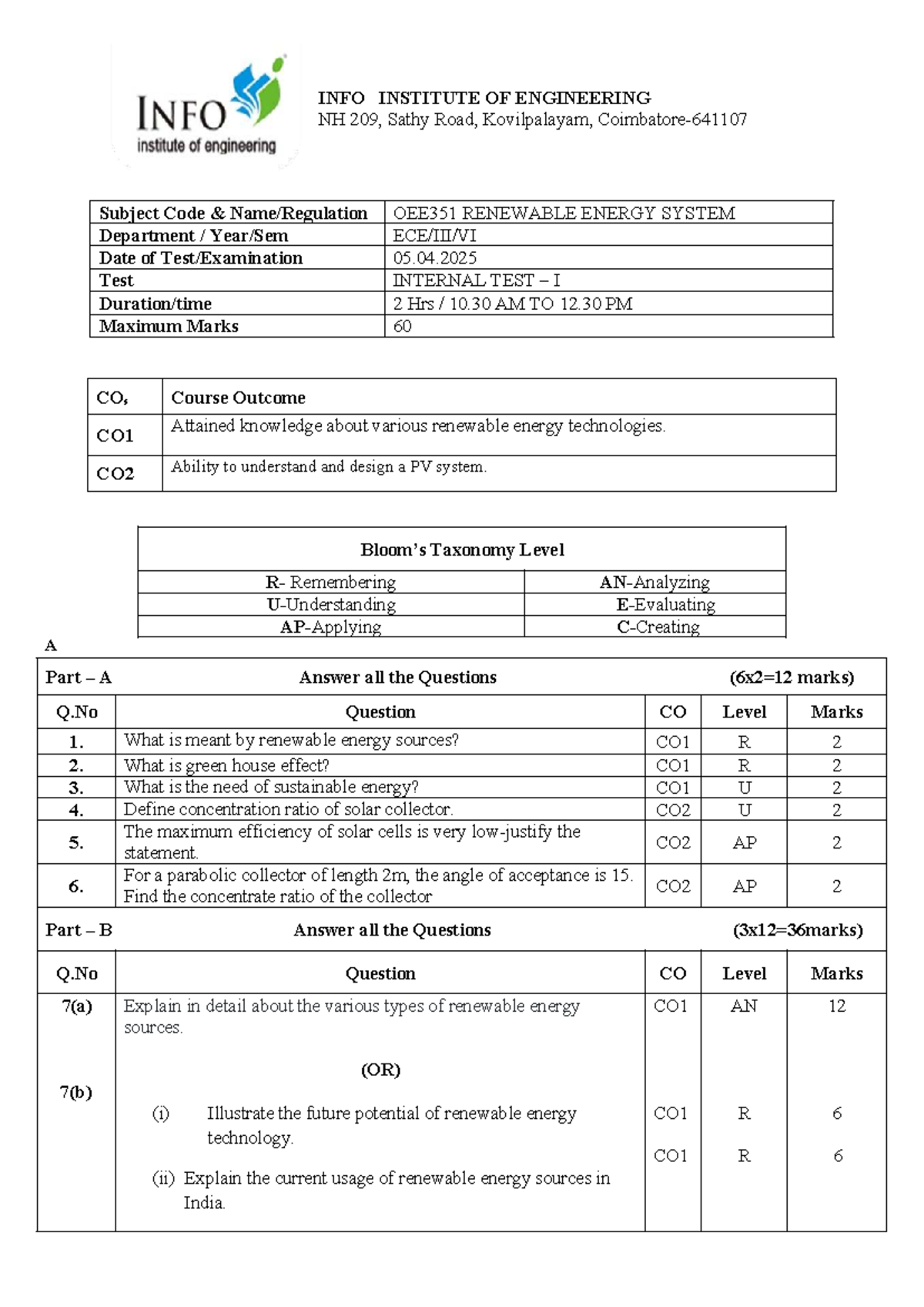 OEE351 Renewable Energy Systems Internal Test I Notes - Studocu