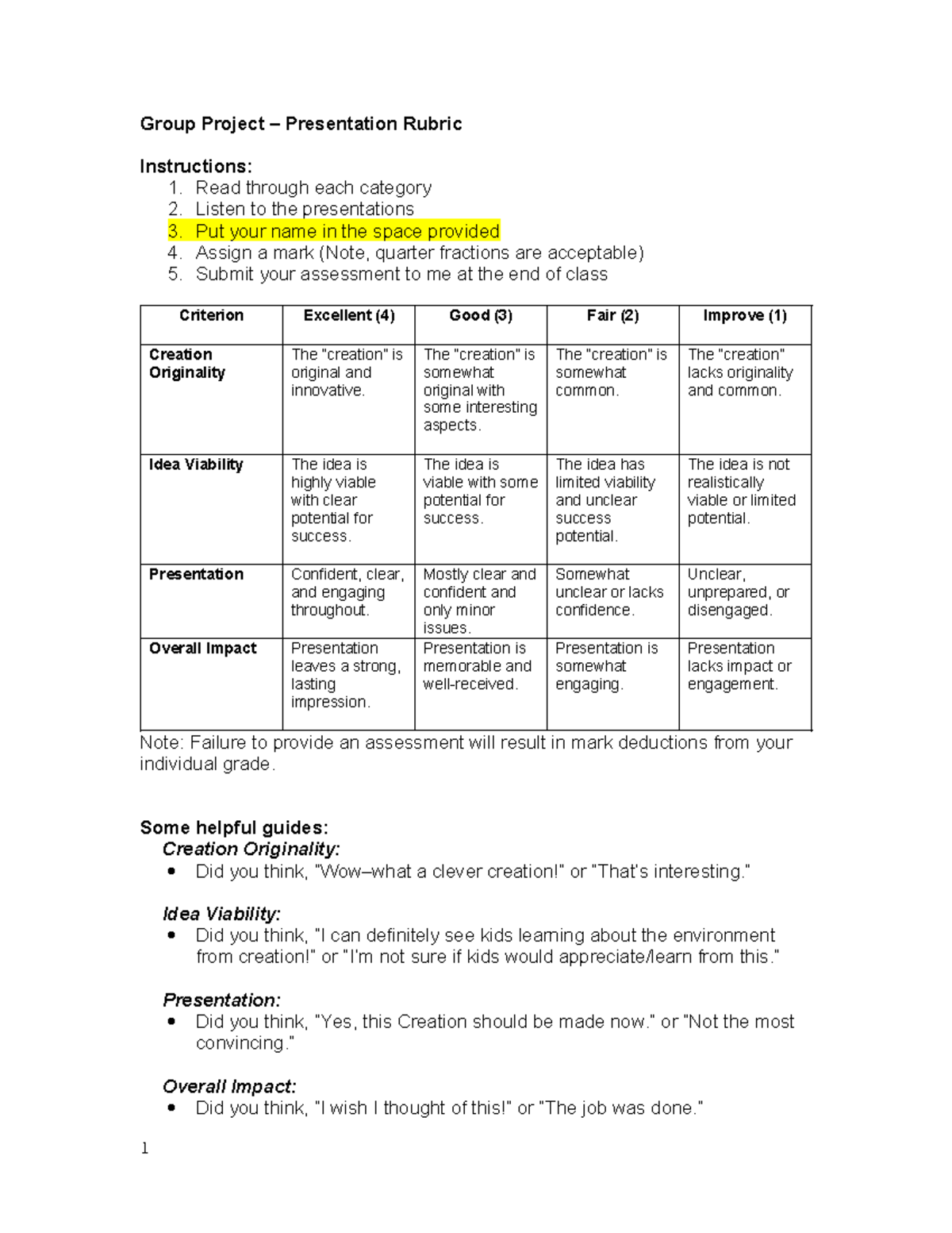 Dragons Den Group Project Presentation Rubric - Studocu