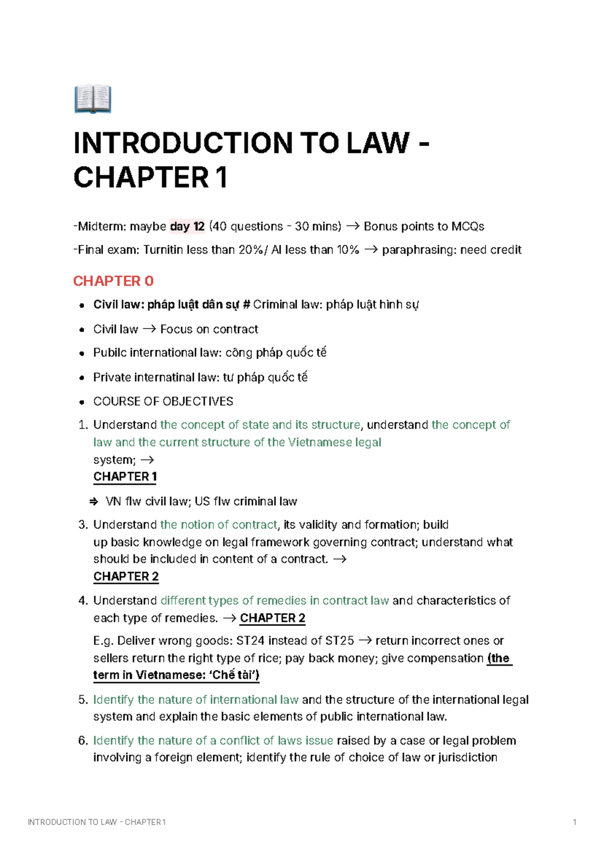 LAW 1 - mr Tam - 📖 INTRODUCTION TO LAW - CHAPTER 1 Midterm: maybe day ...