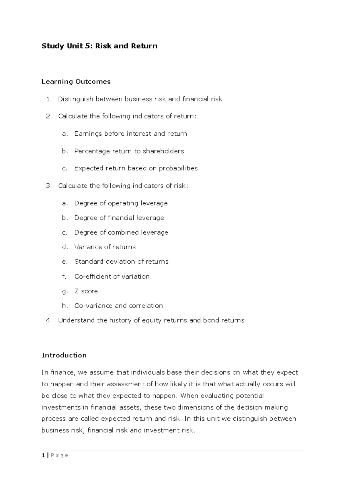 Unit 5: Understanding Risk and Return in Finance - Studocu