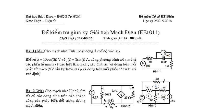 Giải tích Mạch Điện (EE1011) - Đề Kiểm Tra Giữa Kỳ - Studocu