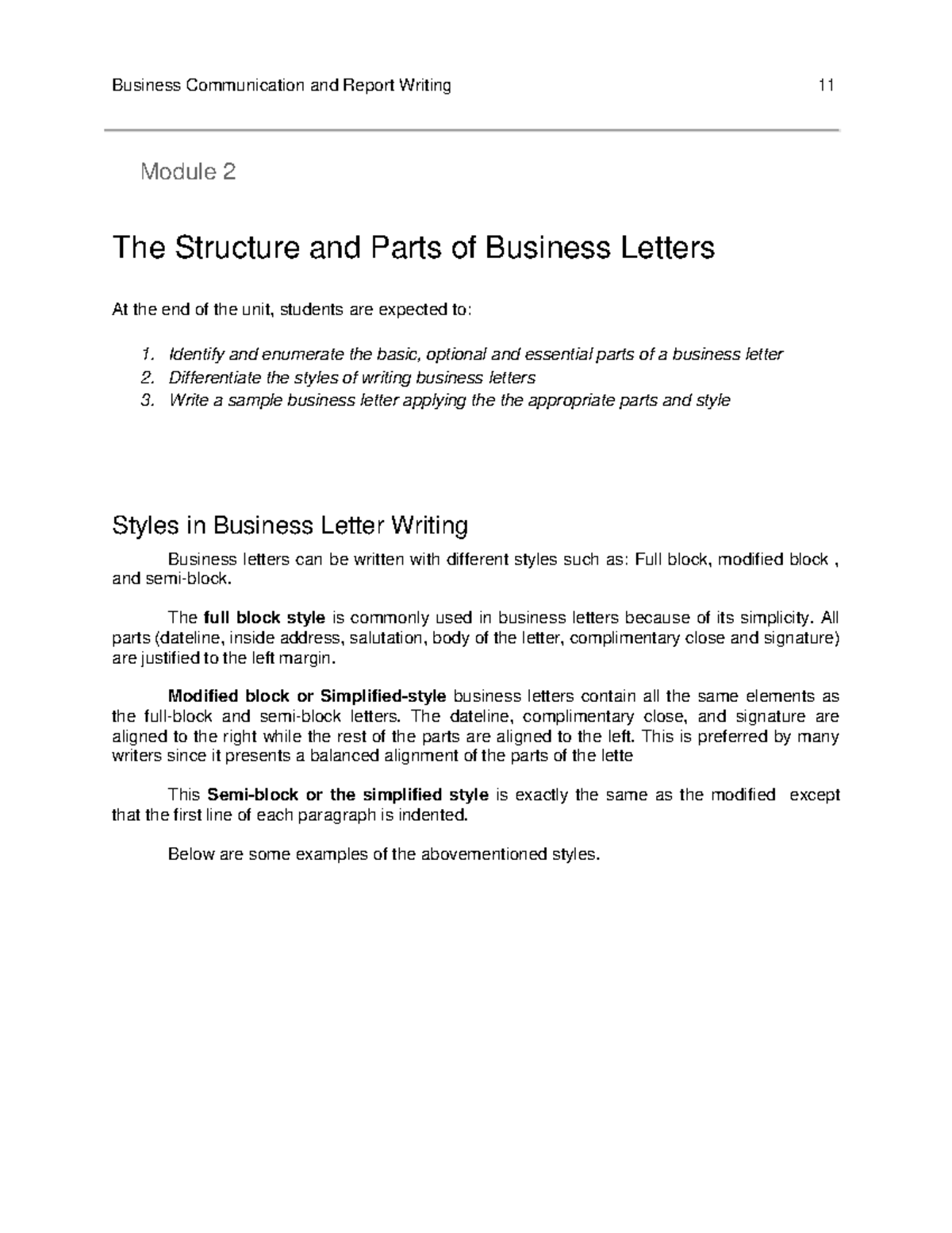 Business-Comm Module 2: Structure & Styles of Business Letters - Studocu