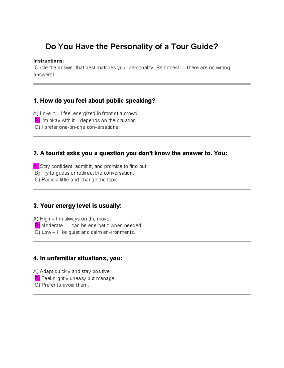 🧭 Personality Assessment: Are You Fit to Be a Tour Guide? - Studocu