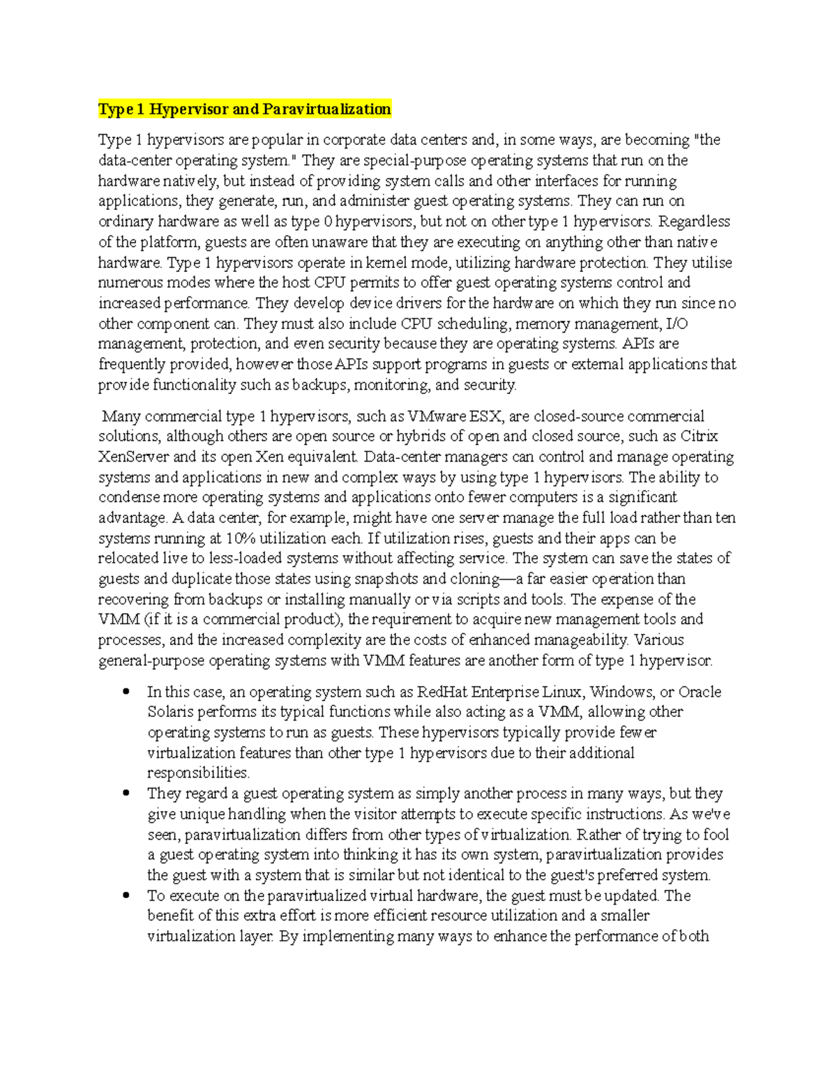 Type 1 Hypervisor and Paravirtualization - Type 1 Hypervisor and ...