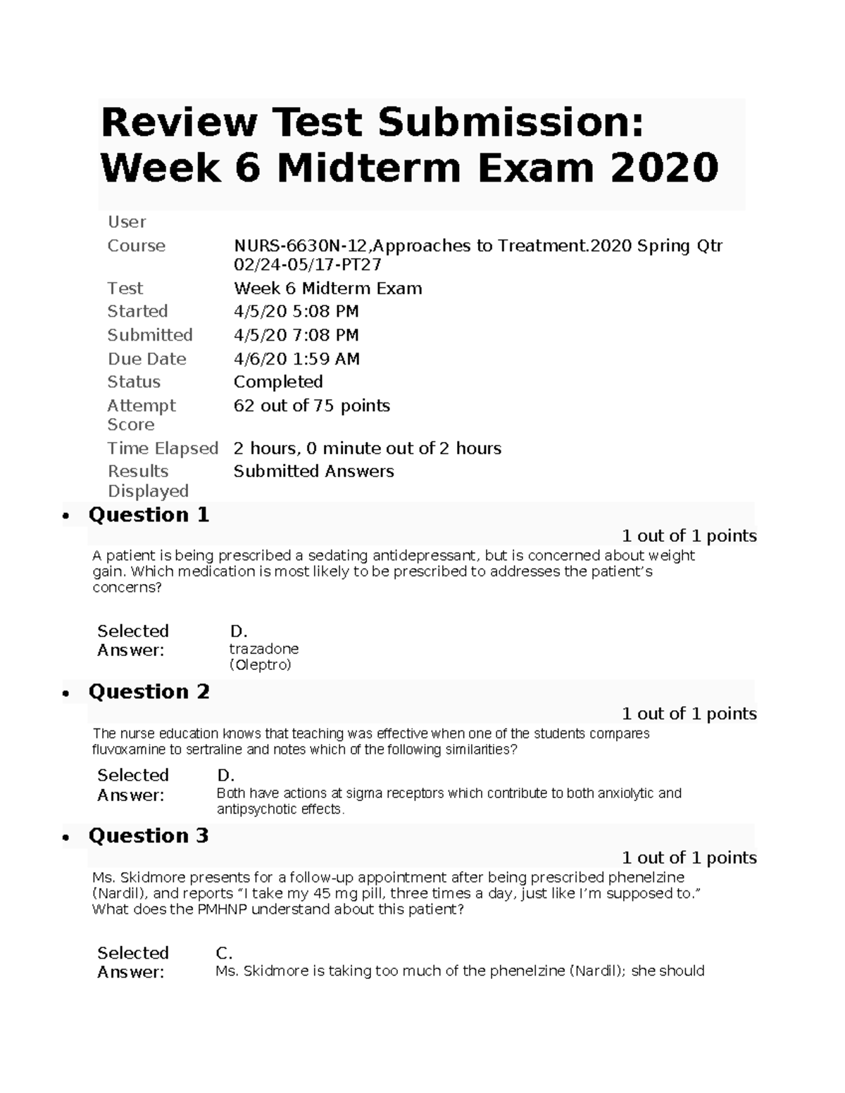 6630 Psychopharm: Week 6 Midterm Exam Review 2020 - Studocu
