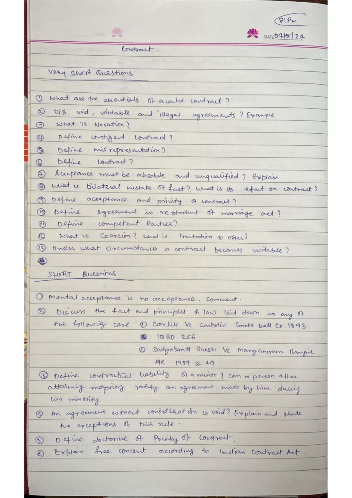 3TA0 Final Exam Contract Law Short & Long Questions Notes - Studocu