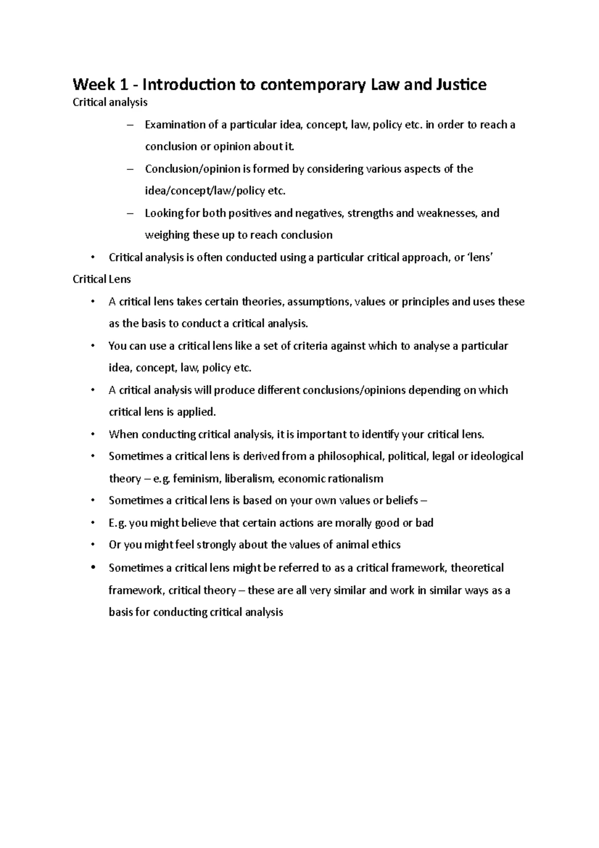 Contemporary Law & Justice Lecture Notes LLB104 Week 1 Overview - Studocu