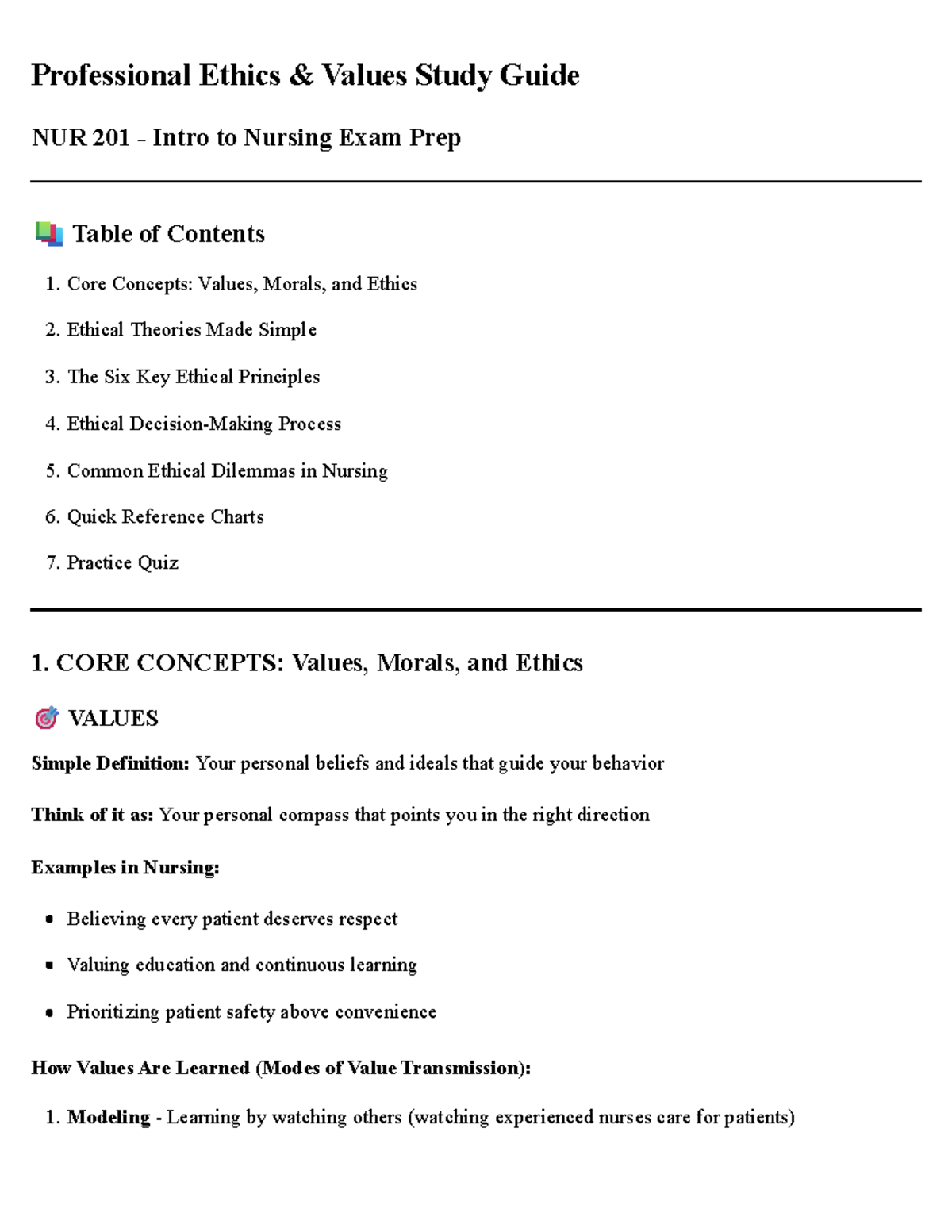 NUR 201 - Professional Ethics & Values Study Guide - Studocu