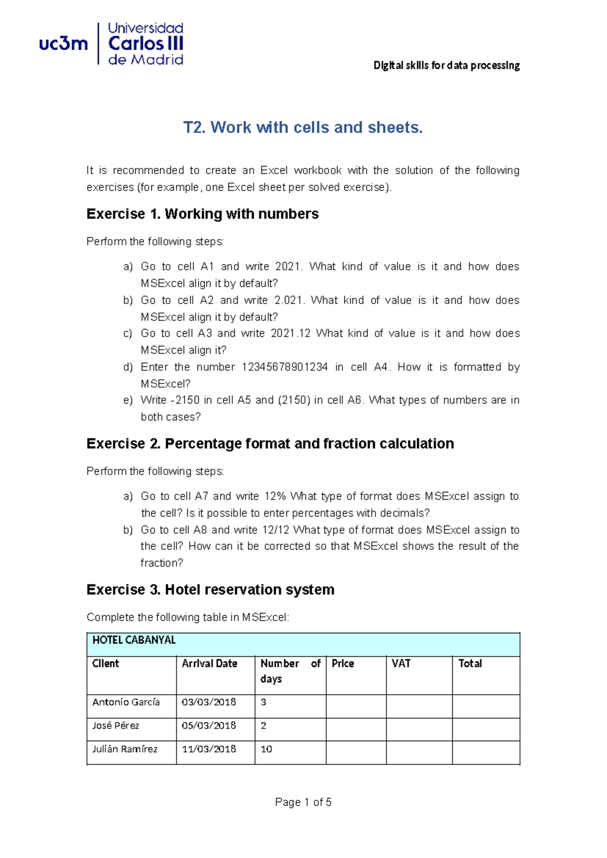Digital Skills for Data Processing T2: Excel Exercises and Solutions ...