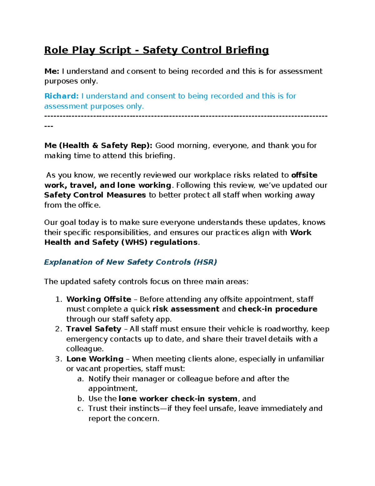 Role Play Script: Health & Safety Rep Briefing on Safety Controls - Studocu