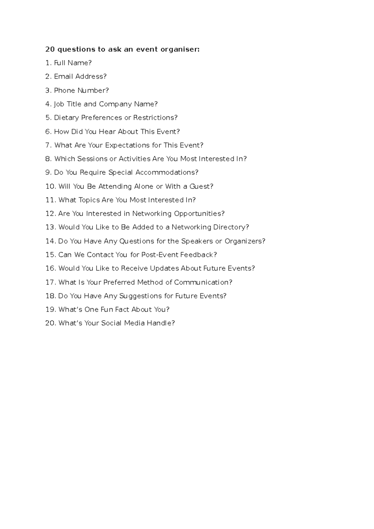 20 Essential Questions for Event Organisers - Studocu