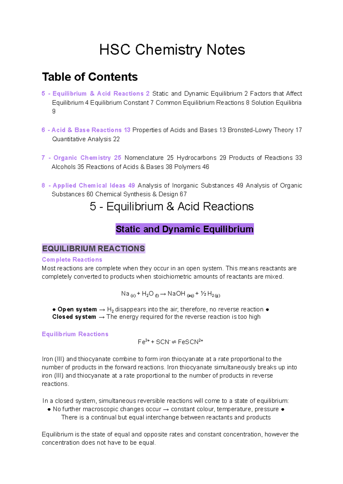 HSC Chemistry Notes: Equilibrium, Acid Reactions, and Organic Chemistry ...